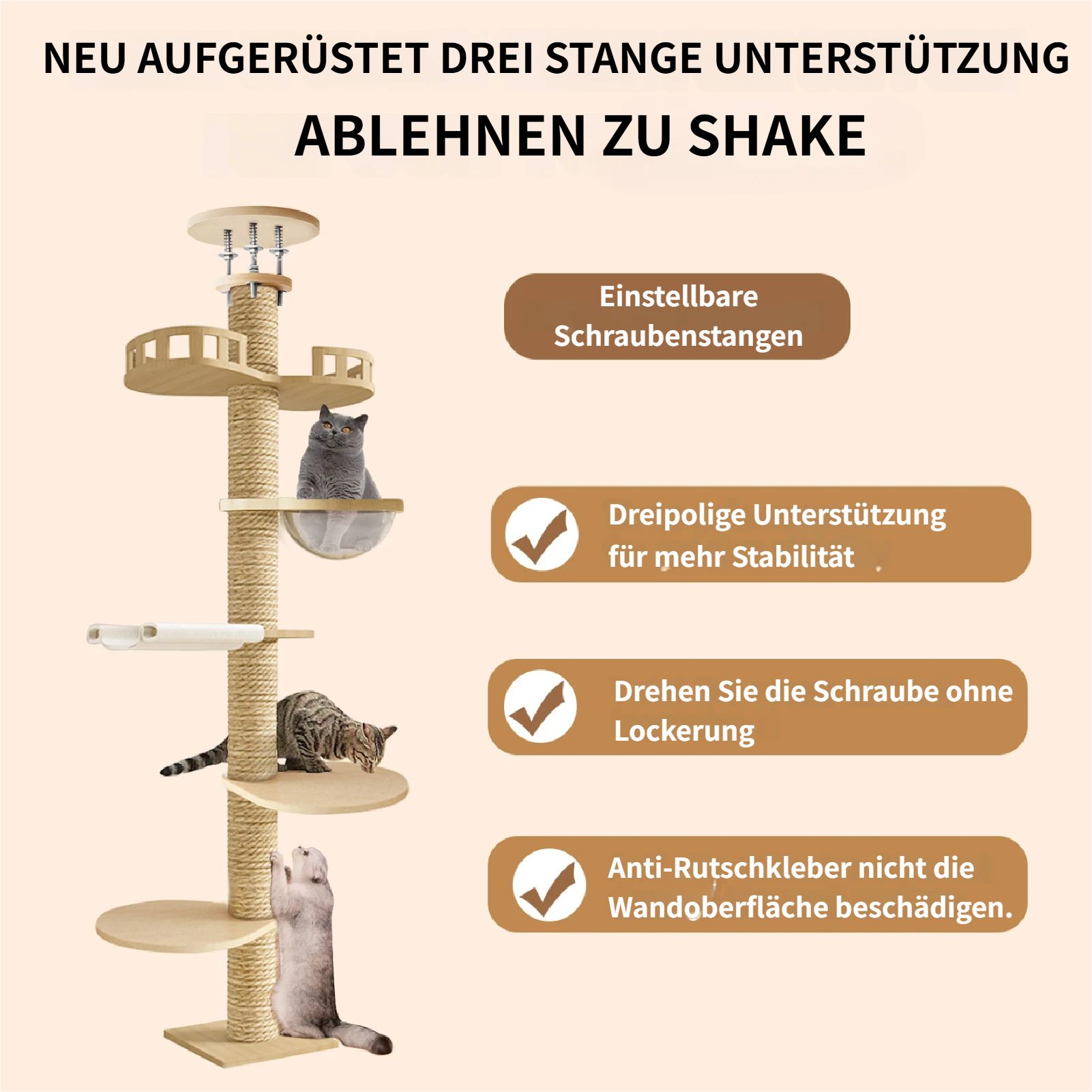Rutaqian Kratzbaum Katzenhöhle, Kratzbaum Deckenhoch XXL für Große Katzen, Höhe 315 cm, Höhenverstellbar Katzenklettergerüst für große katzen, Kippschutz