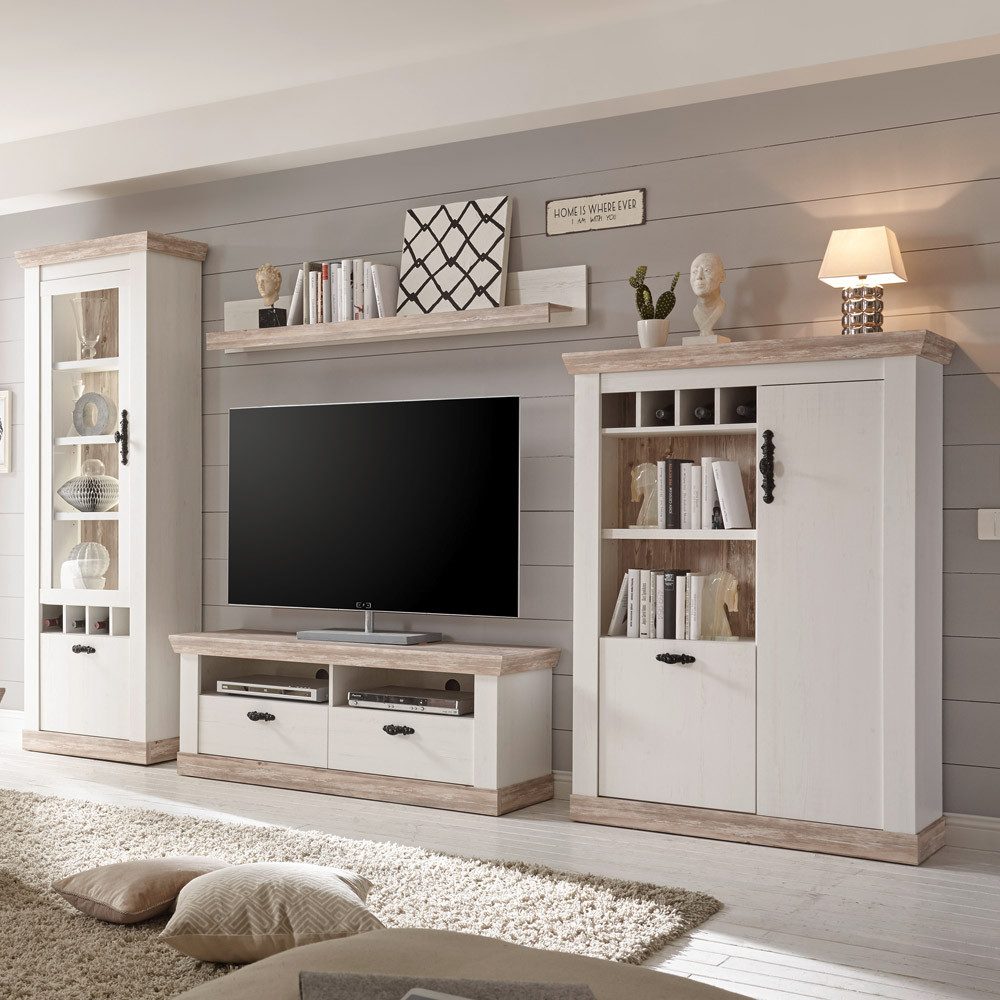 Lomadox Wohnwand FERNA-61, (2-St), im Landhaus Design in Pinie weiß und Oslo dunkel Nb. 330x201x44cm