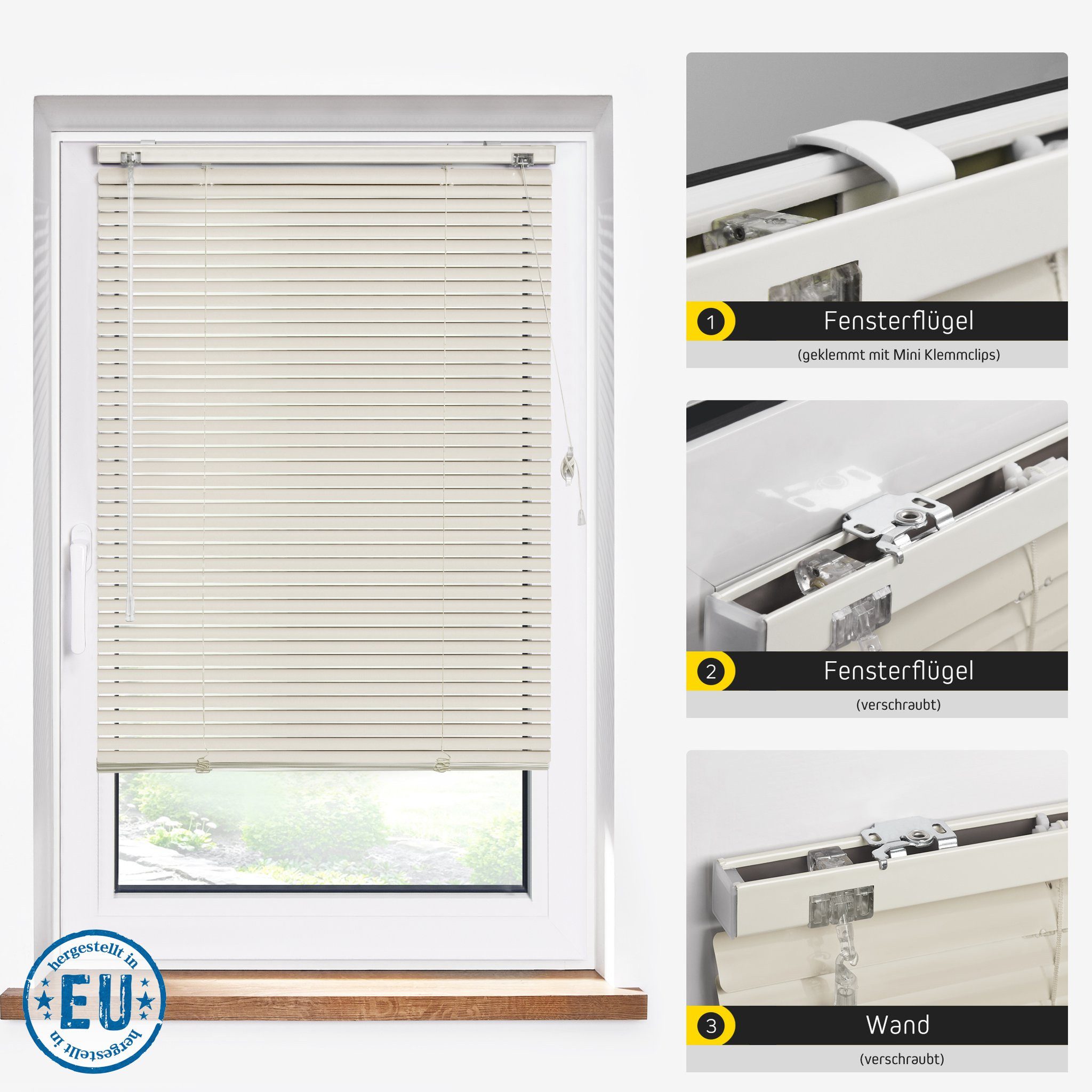 jalousiescout Jalousie Alu Jalousie 25 mm 40 x 130 cm beige matt Verdunkelnd LightLess, ohne Bohren, geklemmt oder verschaubt, Aluminium, vollverdunkelnd, Feuch – Bild 5 von 5