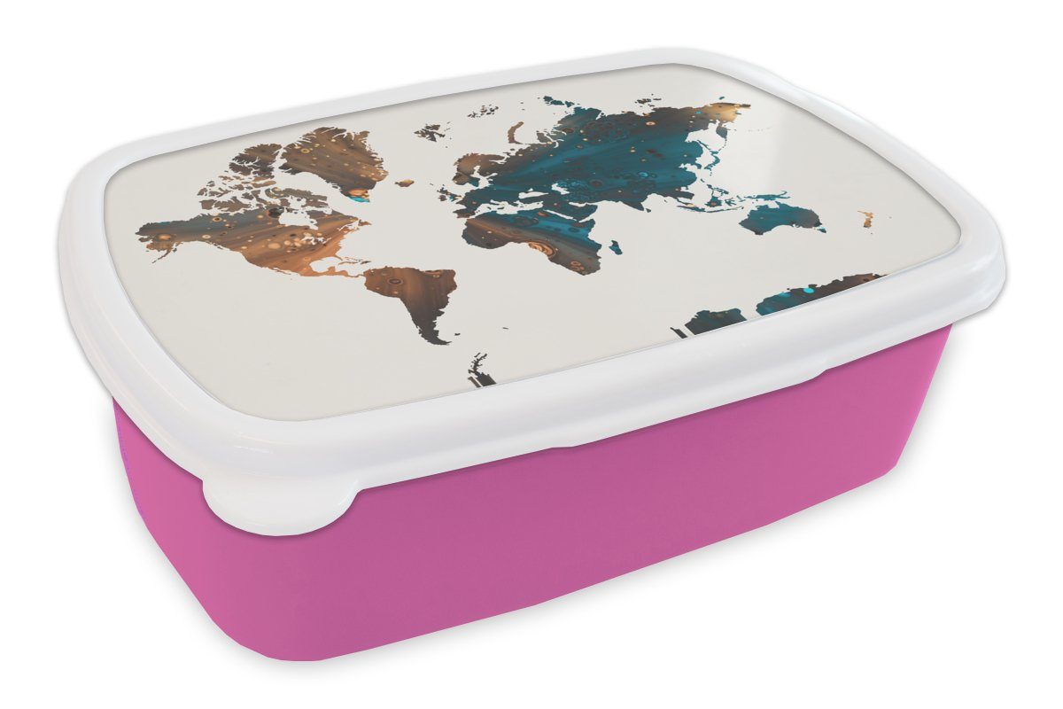 MuchoWow Lunchbox Weltkarte - Blau - Farbe, Kunststoff, (2-tlg), Brotbox für Erwachsene, Brotdose Kinder, Snackbox, Mädchen, Kunststoff rosa