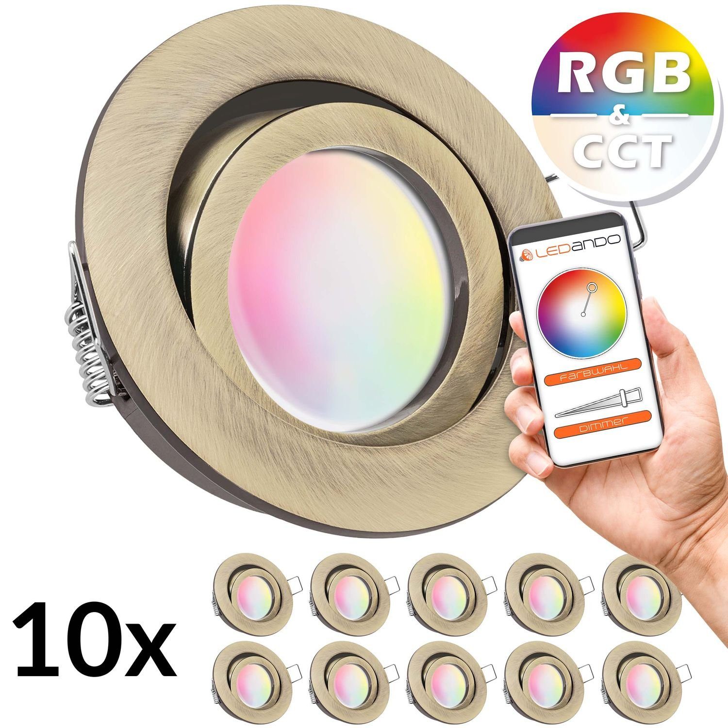 LEDANDO LED Einbaustrahler 10er RGB - CCT LED Einbaustrahler Set extra flach in gold / messing mi