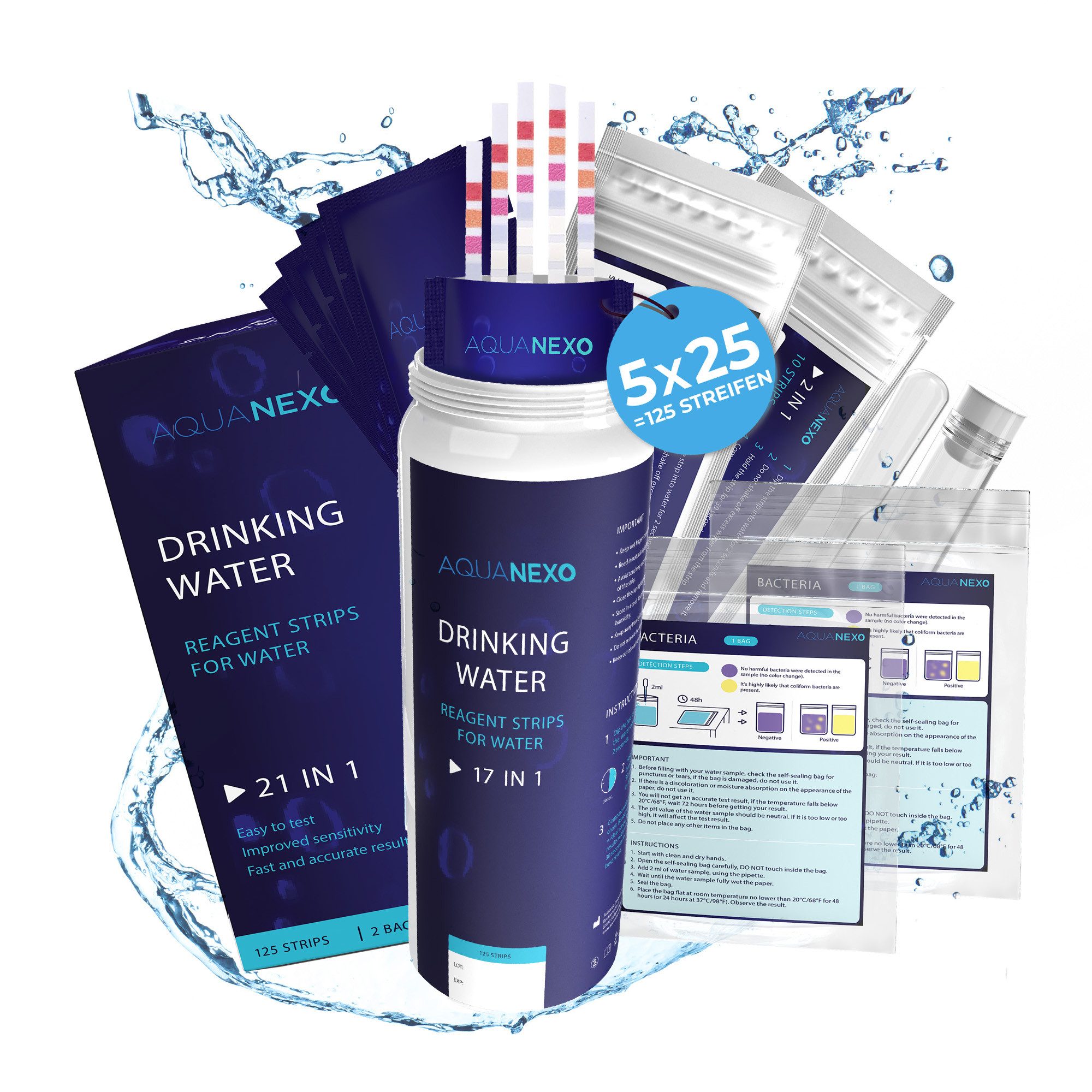 Trinkwassertest Teststreifen 125 st. 21in1 Bakterientest,10 Nitrat und 10 Sulfate Test