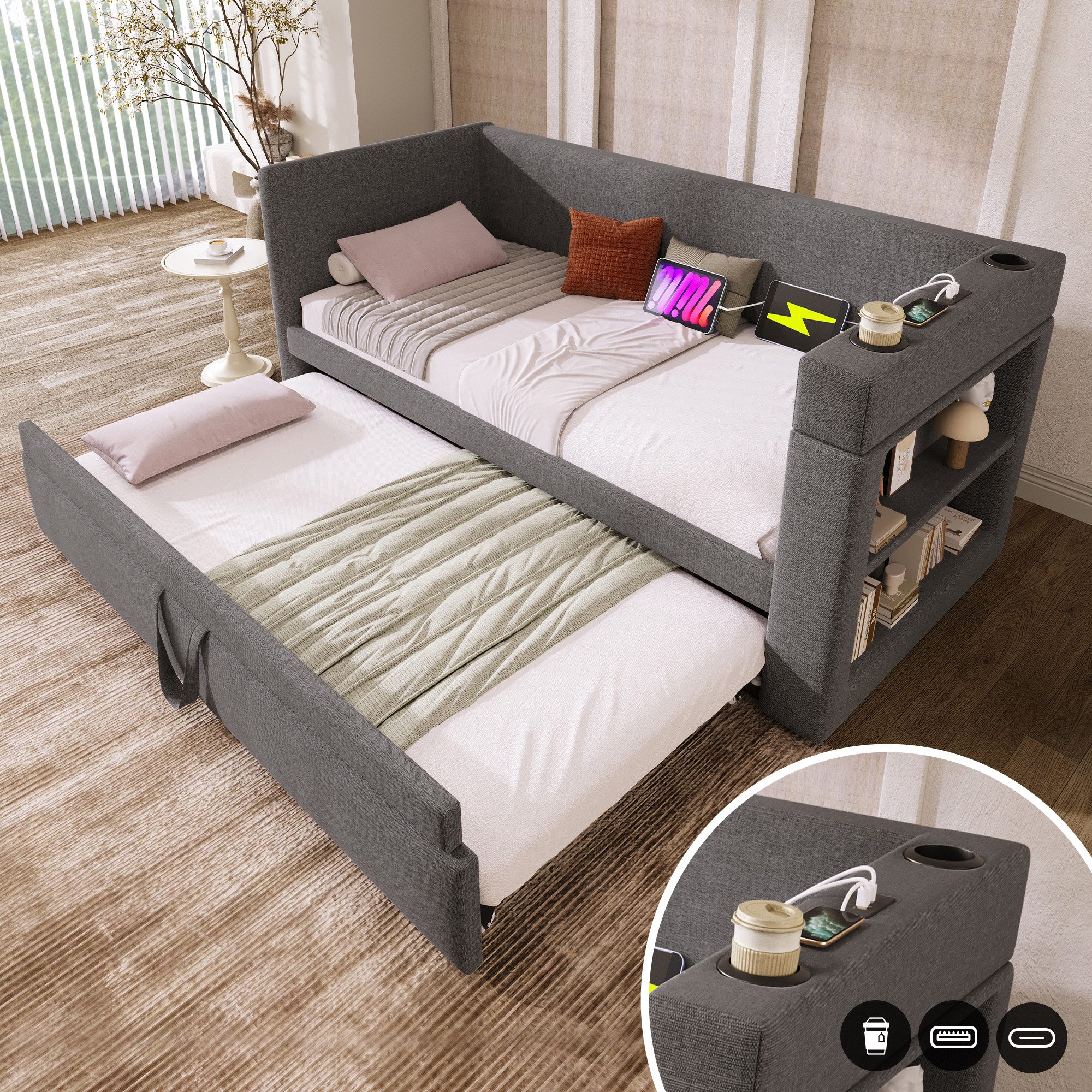 REDOM Polsterbett mit ausziehbarem Bett, Leinen-Baumwoll-Material günstig online kaufen