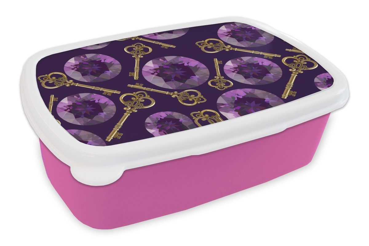 MuchoWow Lunchbox Edelstein - Muster - Gold - Schlüssel, Kunststoff, (2-tlg), Brotbox für Erwachsene, Brotdose Kinder, Snackbox, Mädchen, Kunststoff rosa