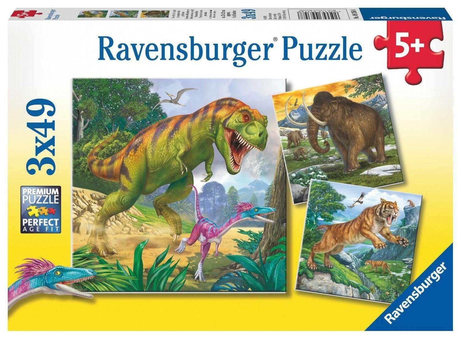 Ravensburger Puzzle Herrscher der Urzeit. Puzzle 3 x 49 Teile, 49 Puzzleteile