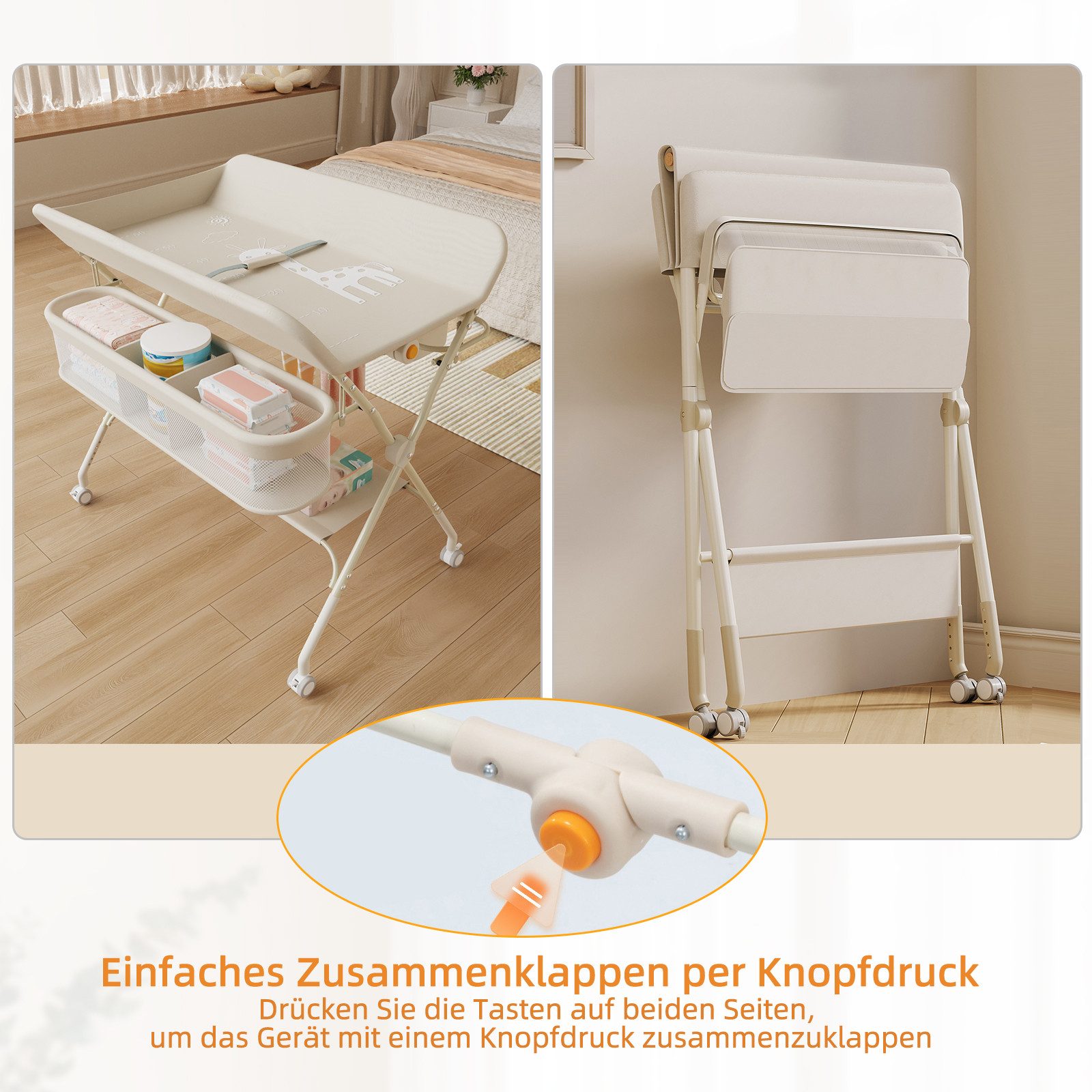 JEOBEST Wickeltisch Baby Wickelkombi, Wickelauflage,Trendy, (1-tlg) Mobil, Mit Bremse,5-fach höhenverstellbar,Klappbar,Ablagekorb – Bild 5 von 5