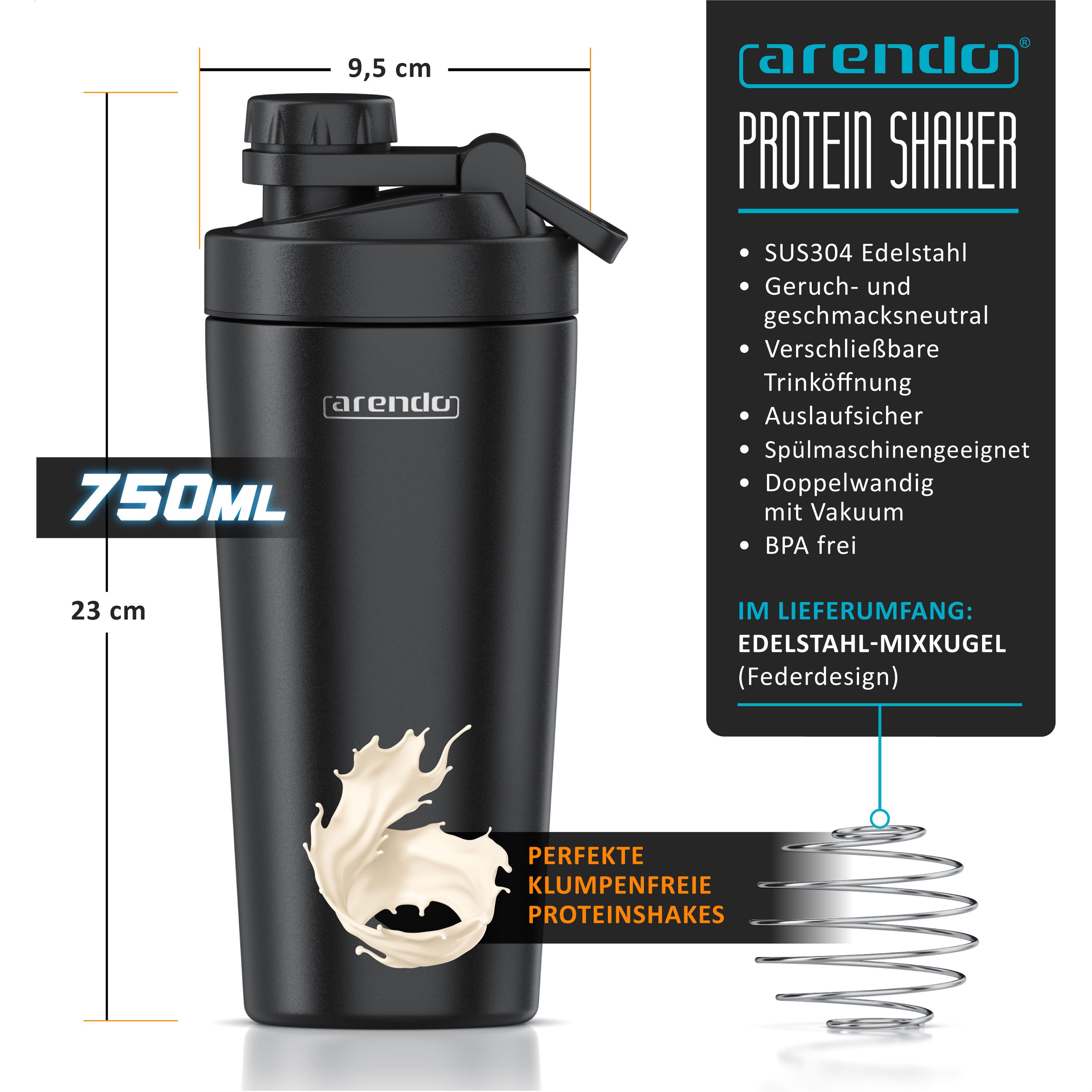 Arendo Protein Shaker Edelstahl Eiweißshaker 750 ml, verschließbar, bruchfest, BPA-frei, Edelstahl, auslaufsicher, spülmaschinengeeignet, mit Tragegriff und Mixball