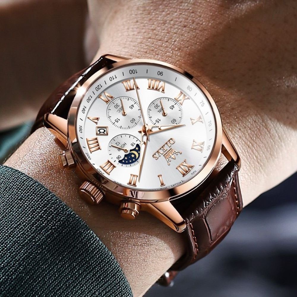 OLEVS Quarzuhr Herrenuhr Olevs Chronograph Tag & Nacht Anzeige – Braunleder-Armband