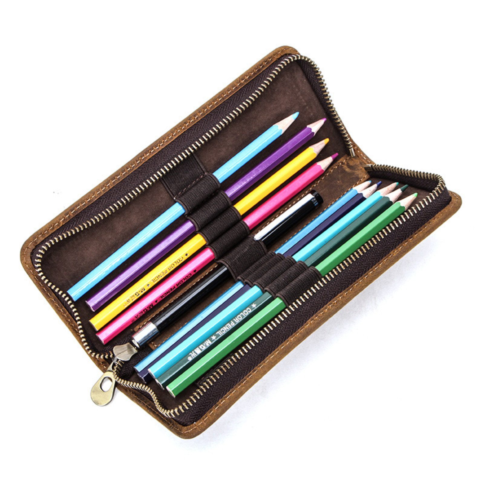 Schreibgeräteetui Handgefertigte Stiftemappe aus Leder Vintage Design Zipper Etui