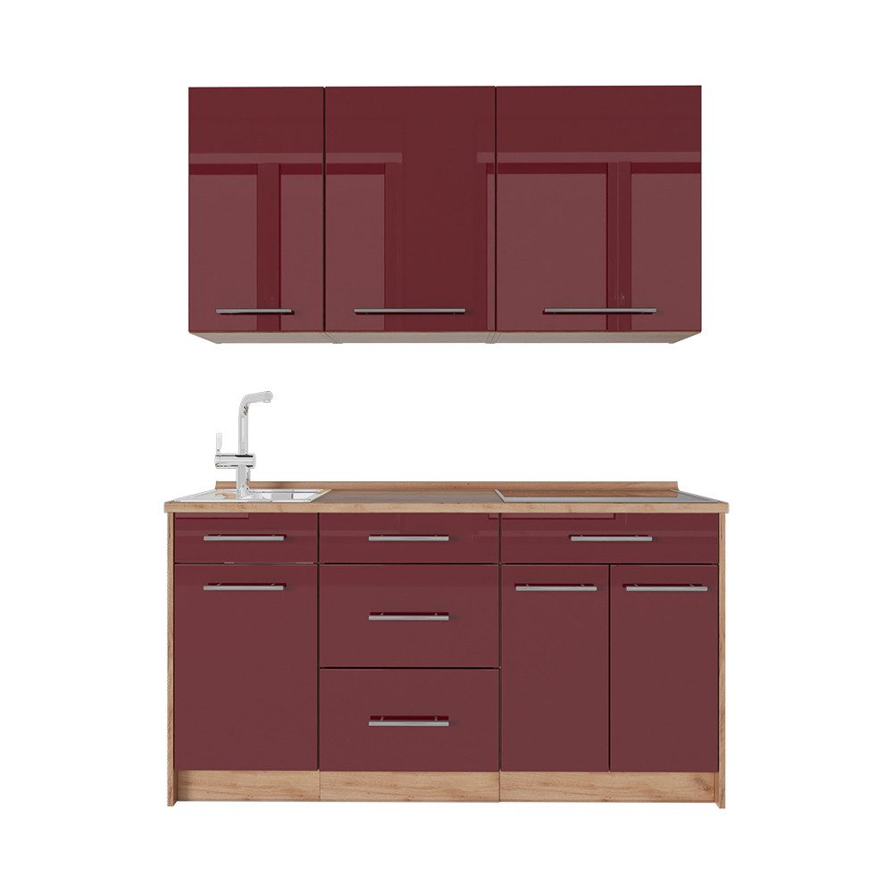 Vicco Küchenzeile Fame-Line, Bordeaux Hochglanz/Goldkraft Eiche, 150 cm, AP Eiche