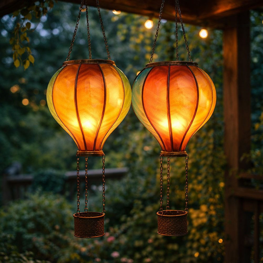 Expo Börse LED Solarleuchte, LED-Leuchtmittel fest verbaut, Warmweiß, LED Solar Außen Hängelampe Heißluftballon Gartenleuchte bunt 2er Set