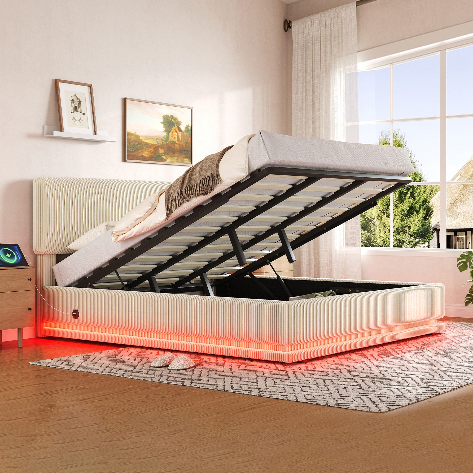 OKWISH Polsterbett Stauraumbett Kinderbett (mit LED-Beleuchtung, USB-C-Ladefunktion und höhenverstellbarem Kopfteil – Cord-Stoff, stabiler Lattenrost und großer Stauraum, 180x200cm), ohne Matratze