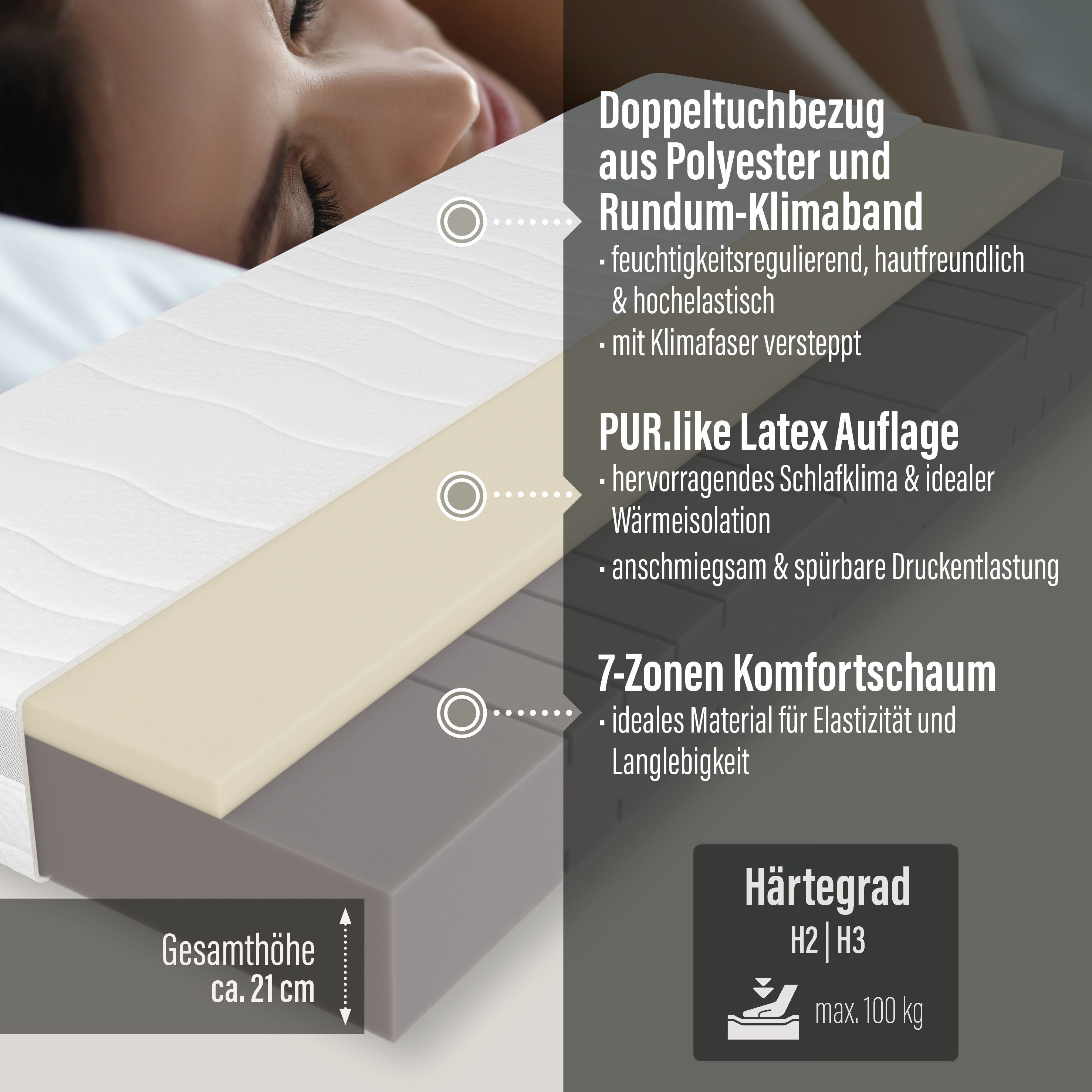 Hybridschaum-Matratze Feel Like Latex ONE KS - GOLD, Matratze 90x200 cm, 140x200 cm und mehr, Beco, 21 cm hoch, Ergonomischer Hybridschaum mit komfortabler Feel Like Latex Auflage
