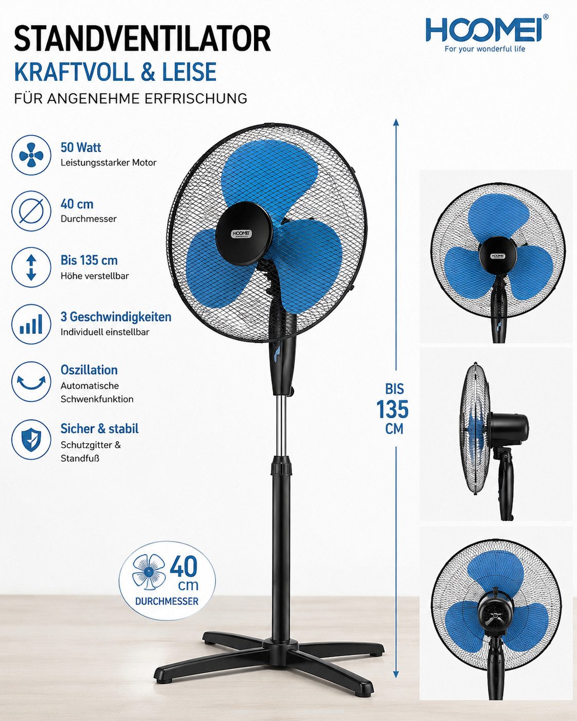 Ertex Standventilator Ventilator Standventilator Turm 50W, 40 cm, Höhe 135 cm, BLACK BLUE