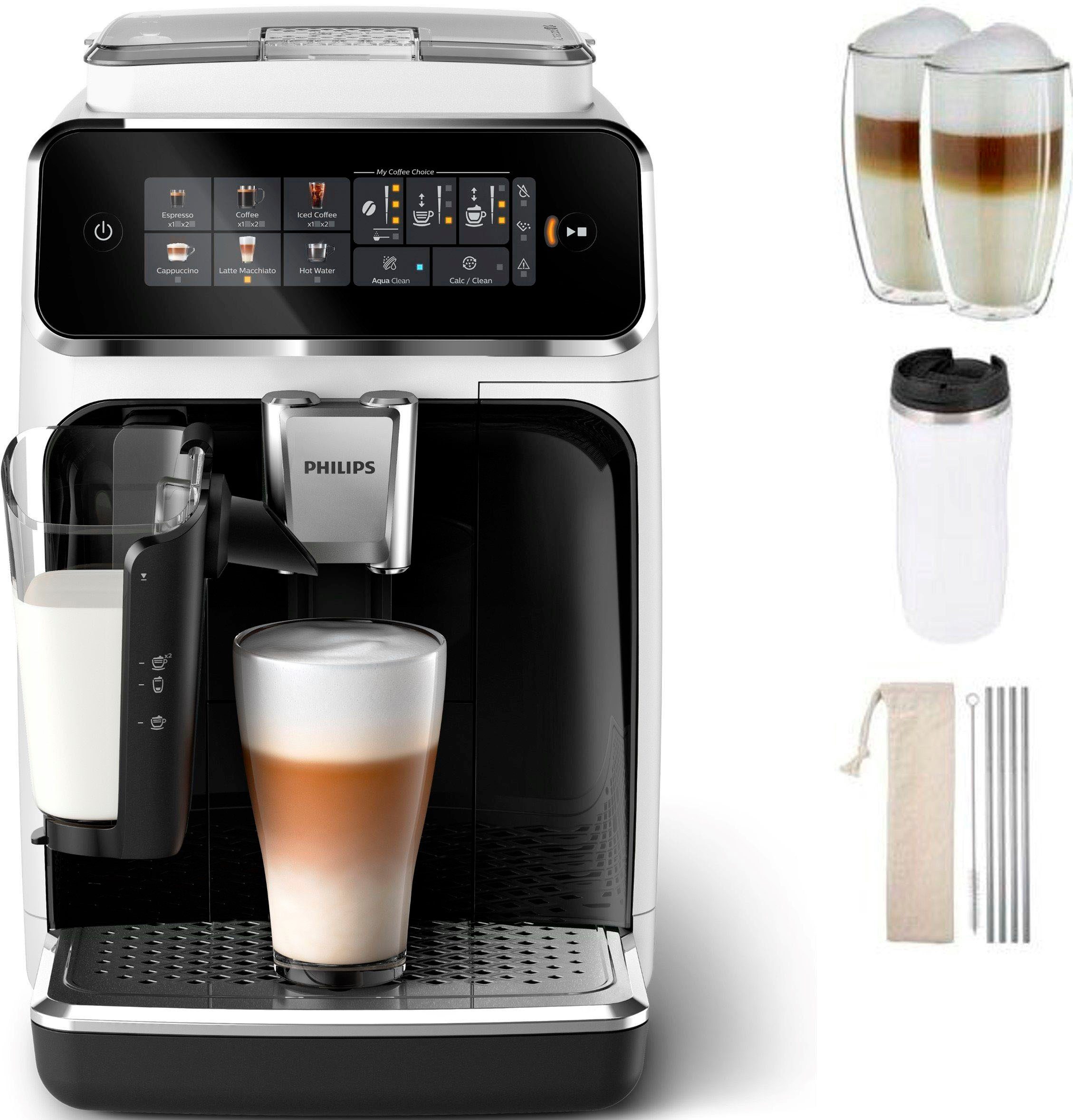Philips Kaffeevollautomat EP3343/50 3300 Series, 6 Getränke (heiß oder eisgekühlt), LatteGo-Milchsystem, SilentBrew Technologie, Weiß-Schwarz