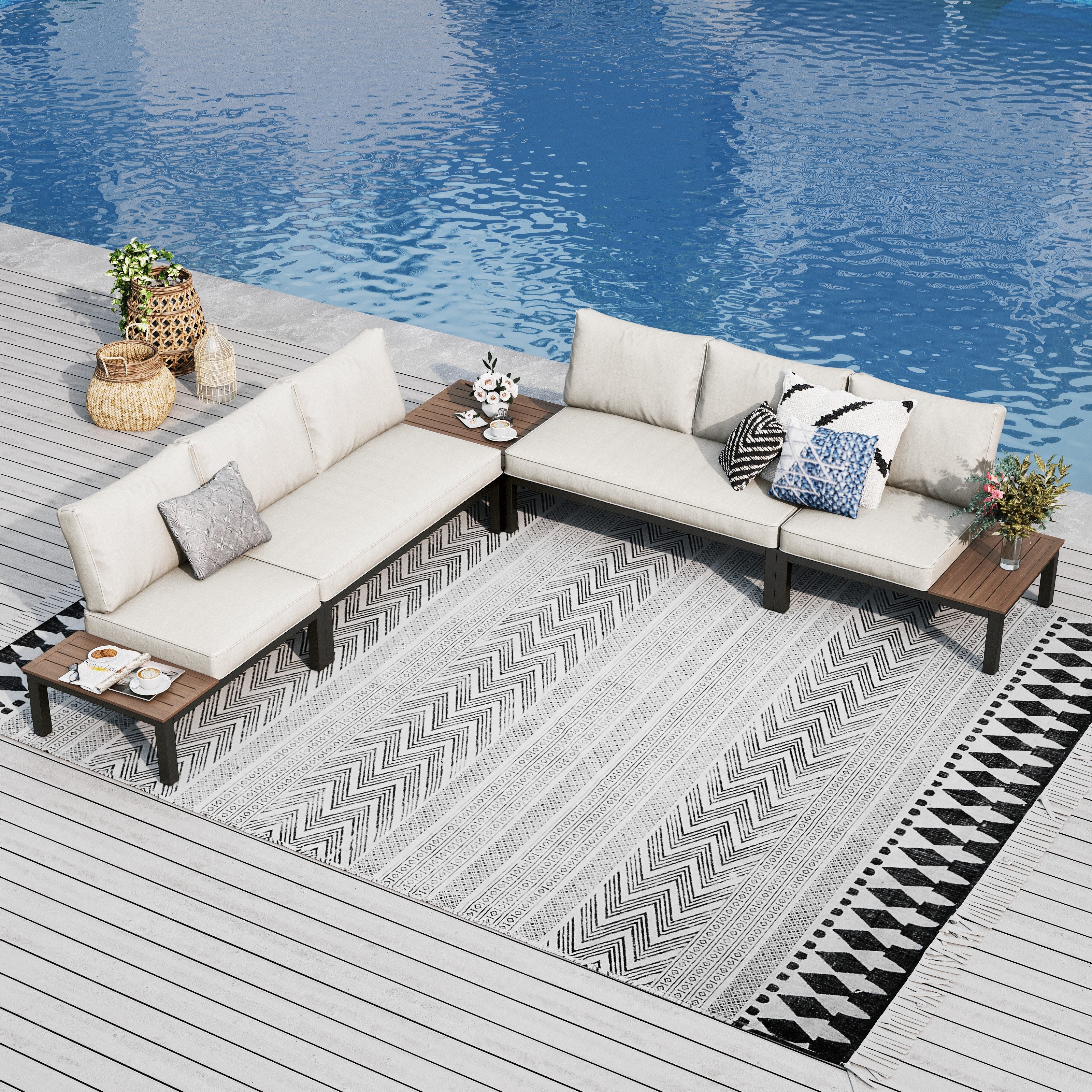 PHI VILLA Gartenlounge-Set, (Gartenmöbel Balkonmöbel mit Verstärkten Kissen und Kaffeetisch), Metall Lounge Möbel Outdoor Gartenlounge, Beige