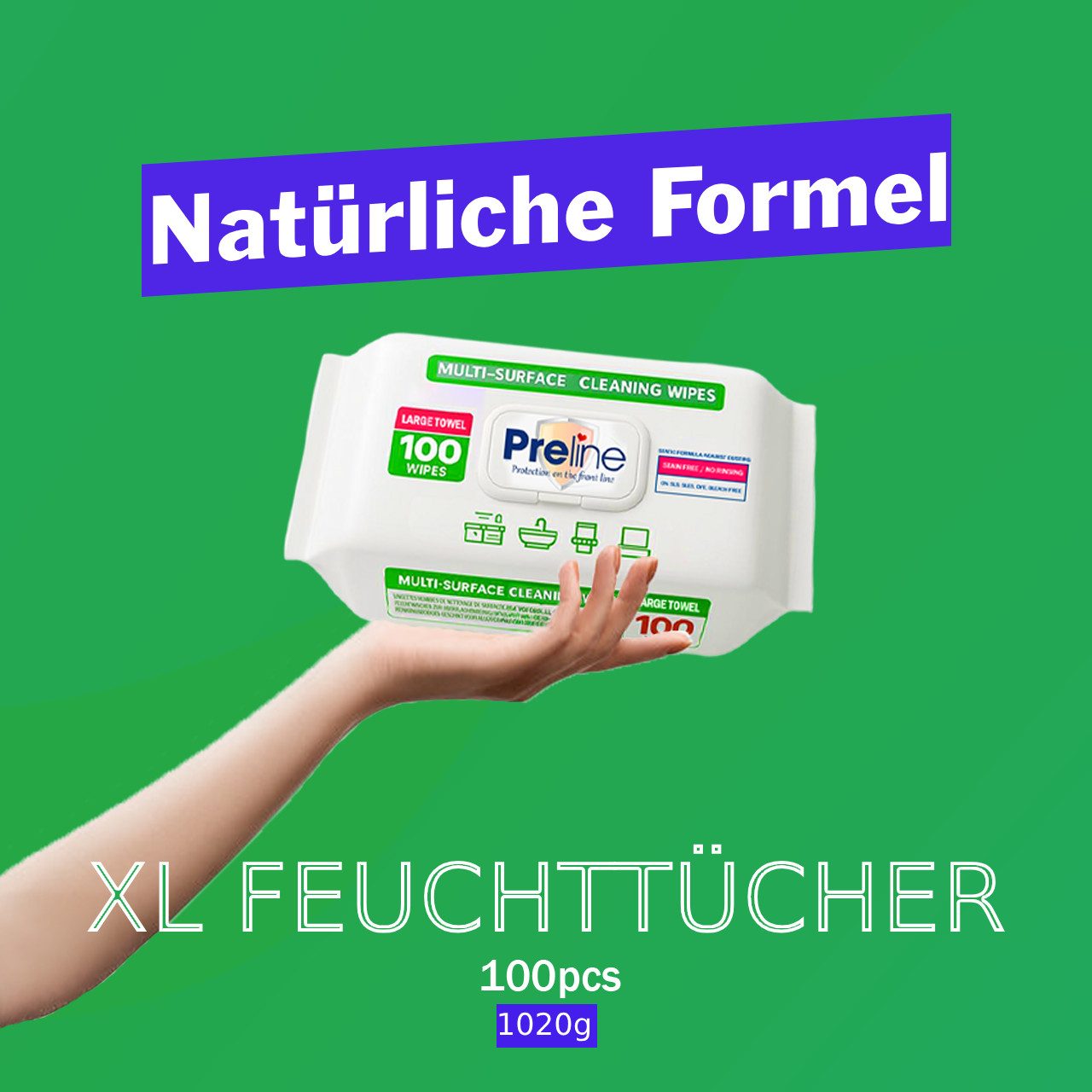 Preline Multi-Surface Oberflächenreinigungstücher, Allzwecktücher, Reinigungstücher (1-tlg., SLS/SLES/Bleichmittel-frei, Für Küche Bad Elektronik Fenster 100Stück)