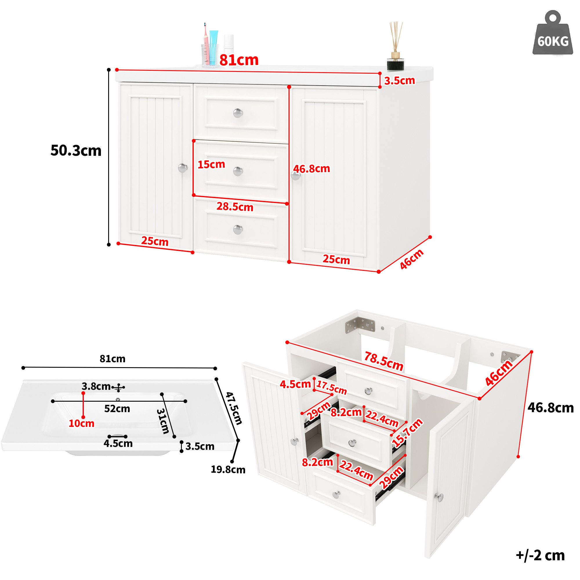 Celya Waschbeckenunterschrank Waschtischunterschrank mit Schubladen und Türen Badezimmerschrank (Mit Keramik-Waschbecken) wandhängend,Viel Stauraum,Wasserdichte – Bild 2 von 5