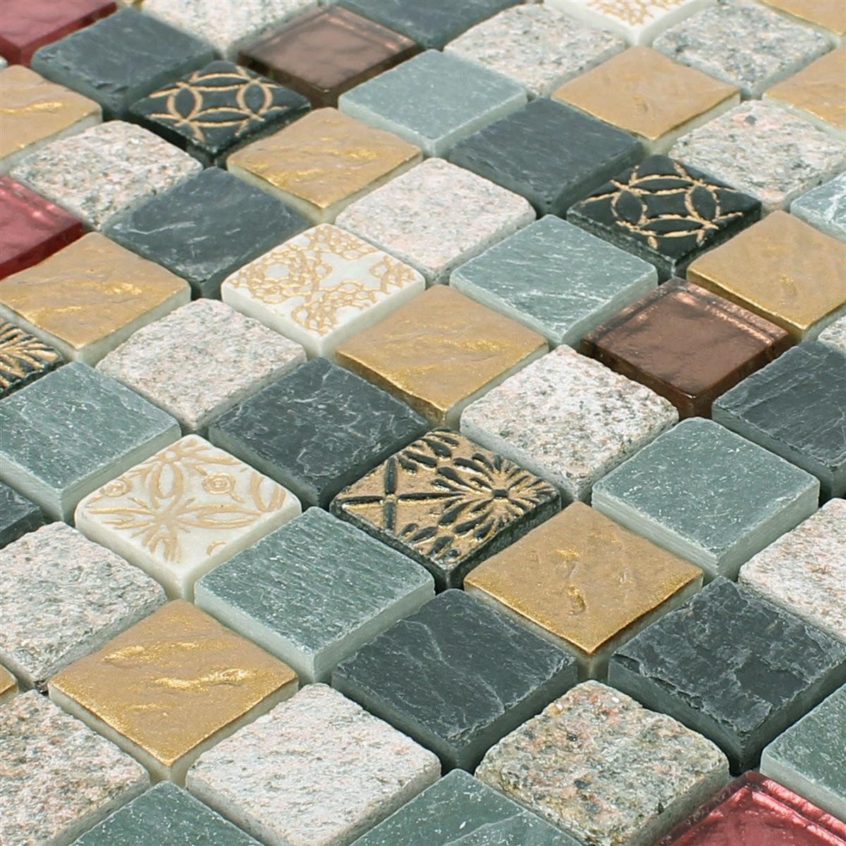 Mosafil Mosaikfliesen Mosaikfliesen Glas Naturstein Mix Sulluna Gold Grau, Naturstein-Glas 30.000x30.000, schwarz-gold-grau, Verlegefertig auf ein Netz geklebt