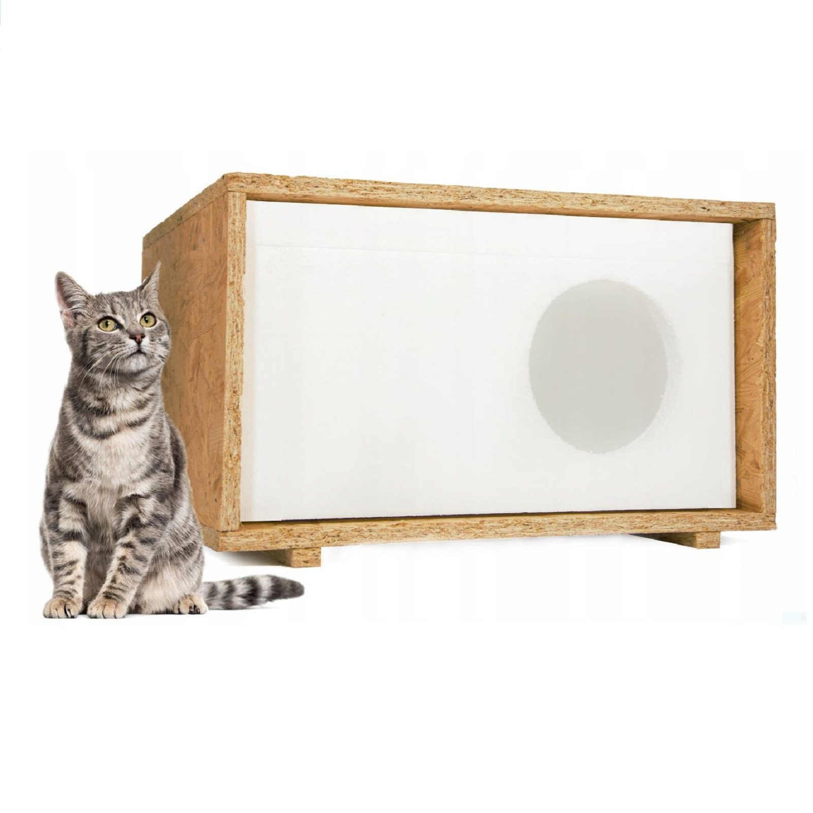 QLS Tierhaus Styropor + OSB, Wetterfestes Katzenhaus – 43x41 cm isoliertes Schutzhäuschen