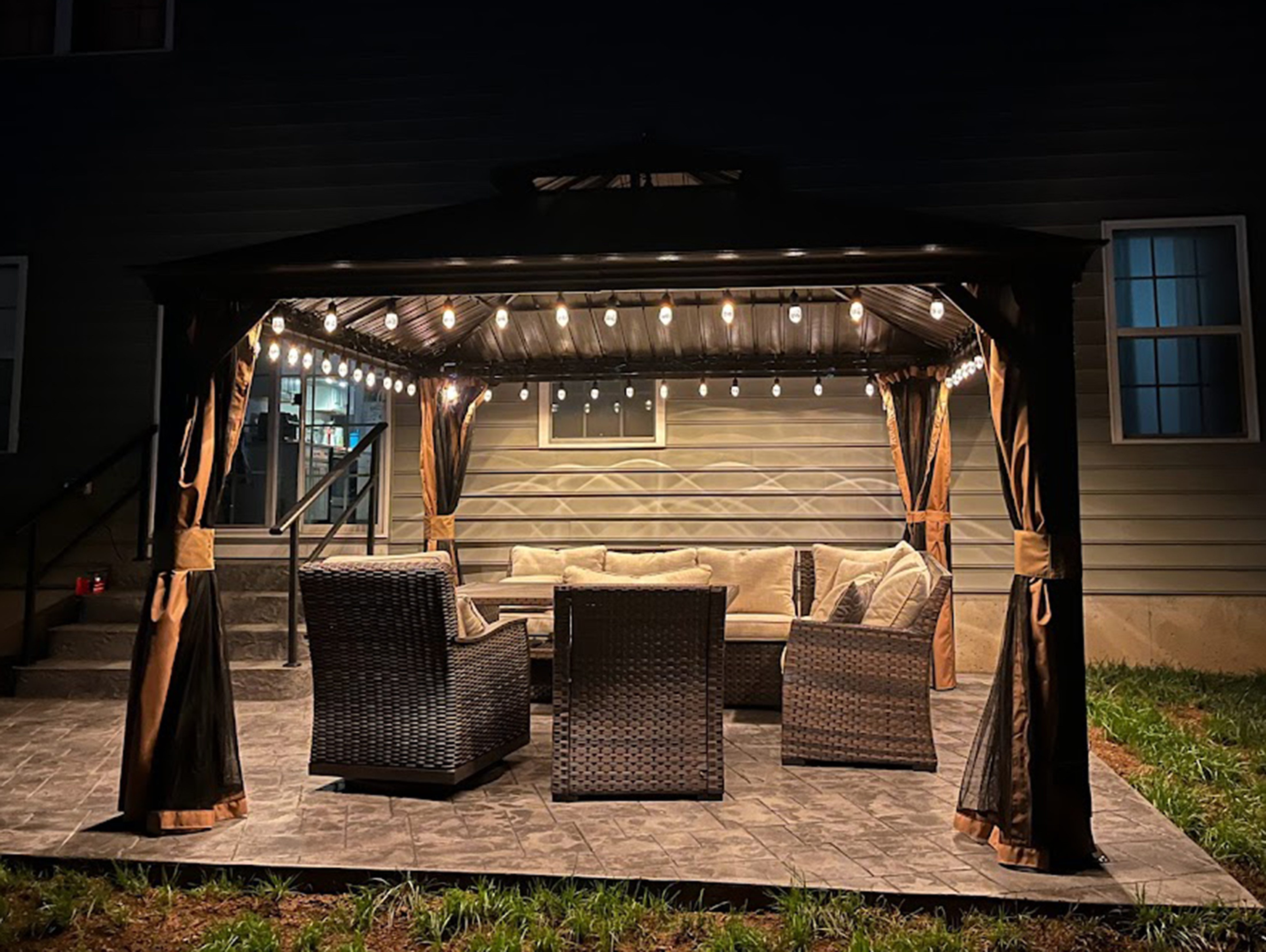 PURPLE LEAF Pavillon Hardtop Alu Gartenpavillon mit Seitenteilen und LED-Beleuchtung, (1 Pavillon + LED-Licht, Vorhängen und Moskitonetz), Wasserdicht, UV-beständig, Privatsphärenschutz