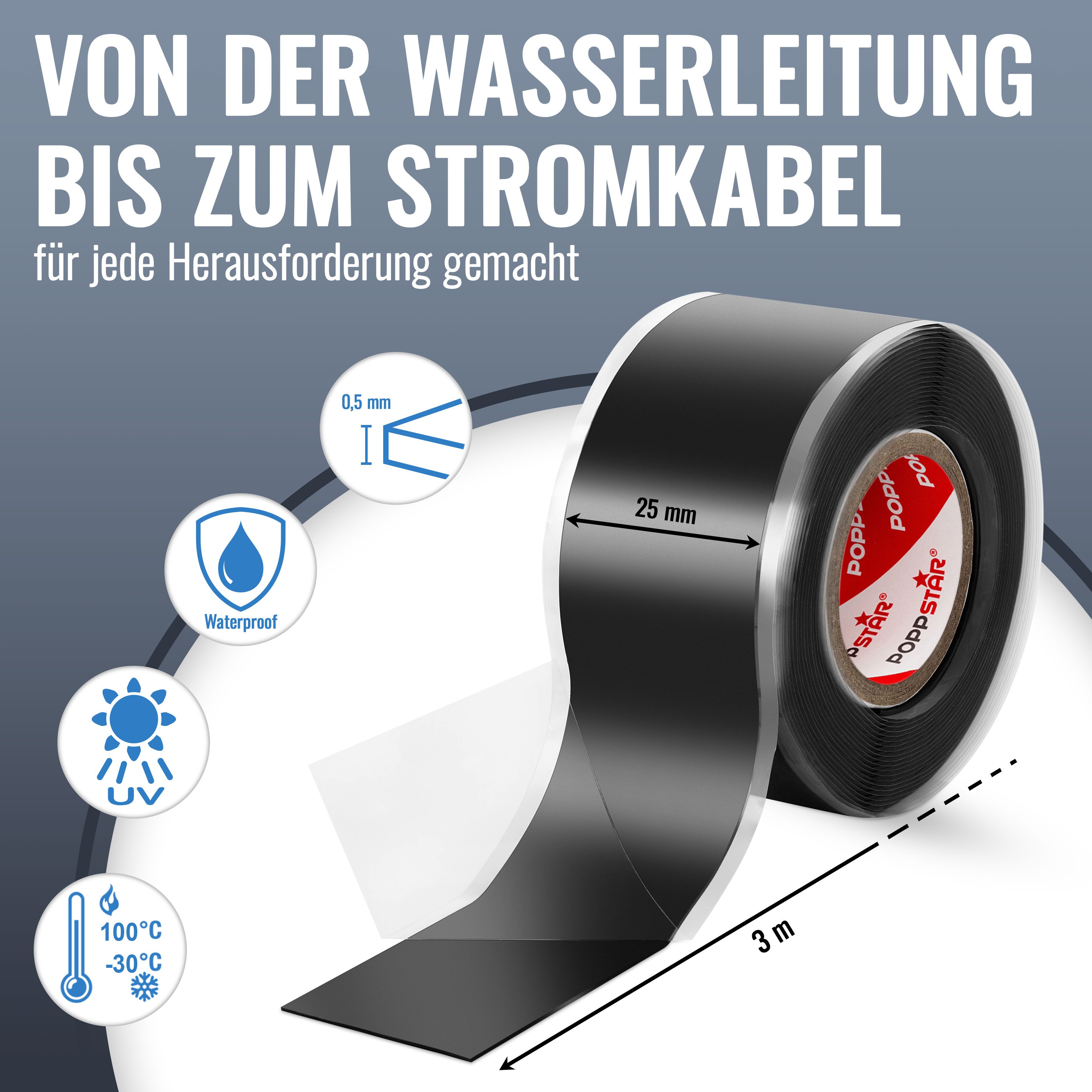 Poppstar Dichtband Selbstverschweißendes Silikonband (zum Reparieren, Isolieren und Abdichten, 1-St., (Strom, Wasser, Luft) zum Umwickeln von Rohren, Kabeln, Schläuchen uvm.