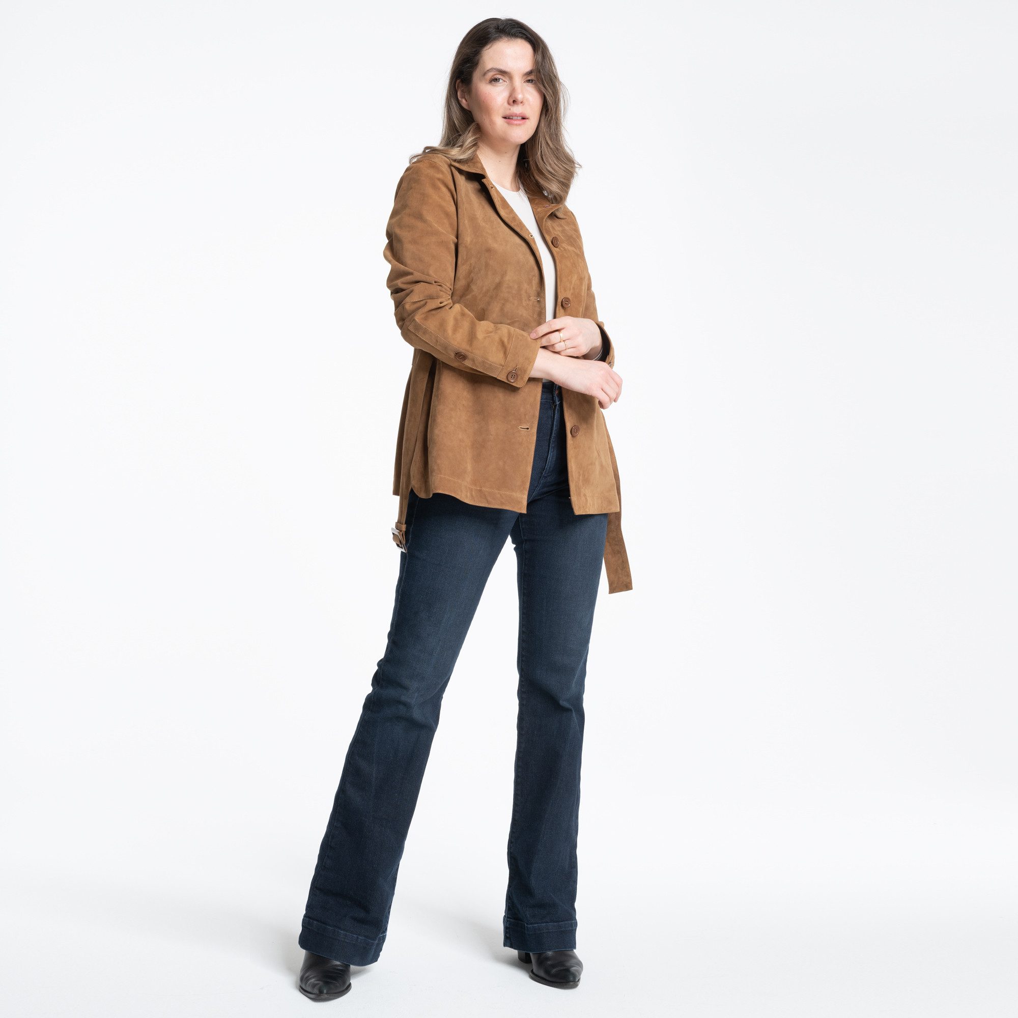 Mouflon Lederjacke Samira Echtes Ziegenveloursleder in warmes Tabakbraun