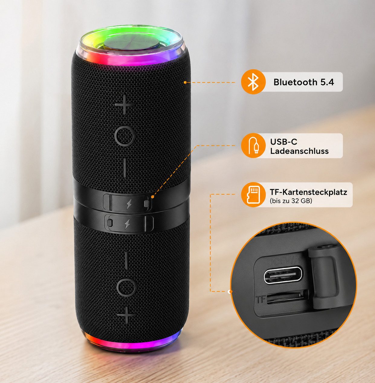 pedete Magnetisch mit Lichteffekten 2-in-1 Stereo 360° Surround-Sound Bluetooth-Lautsprecher 2 (Bluetooth 5.4, IPX6 Wasserdicht Magnetisch haftend Trennbar in z – Bild 4 von 5