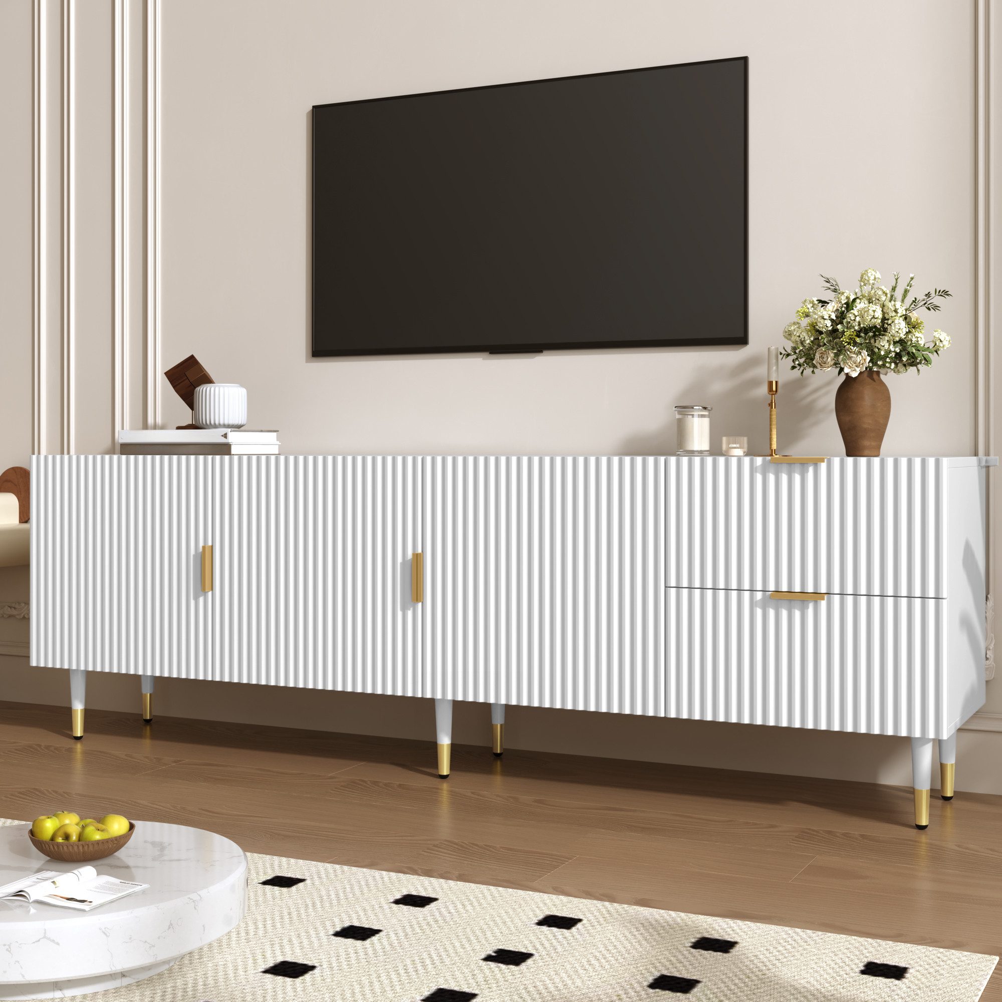 Merax Lowboard mit 2 Schubladen, 3 Türen, Regalfächern und verstellbaren Füßen (170 x 35,5 x 55 cm (L x B x H), 1 St), TV-Schrank mit goldenen Griffen, Metallbeinen & Kabeldurchlässen