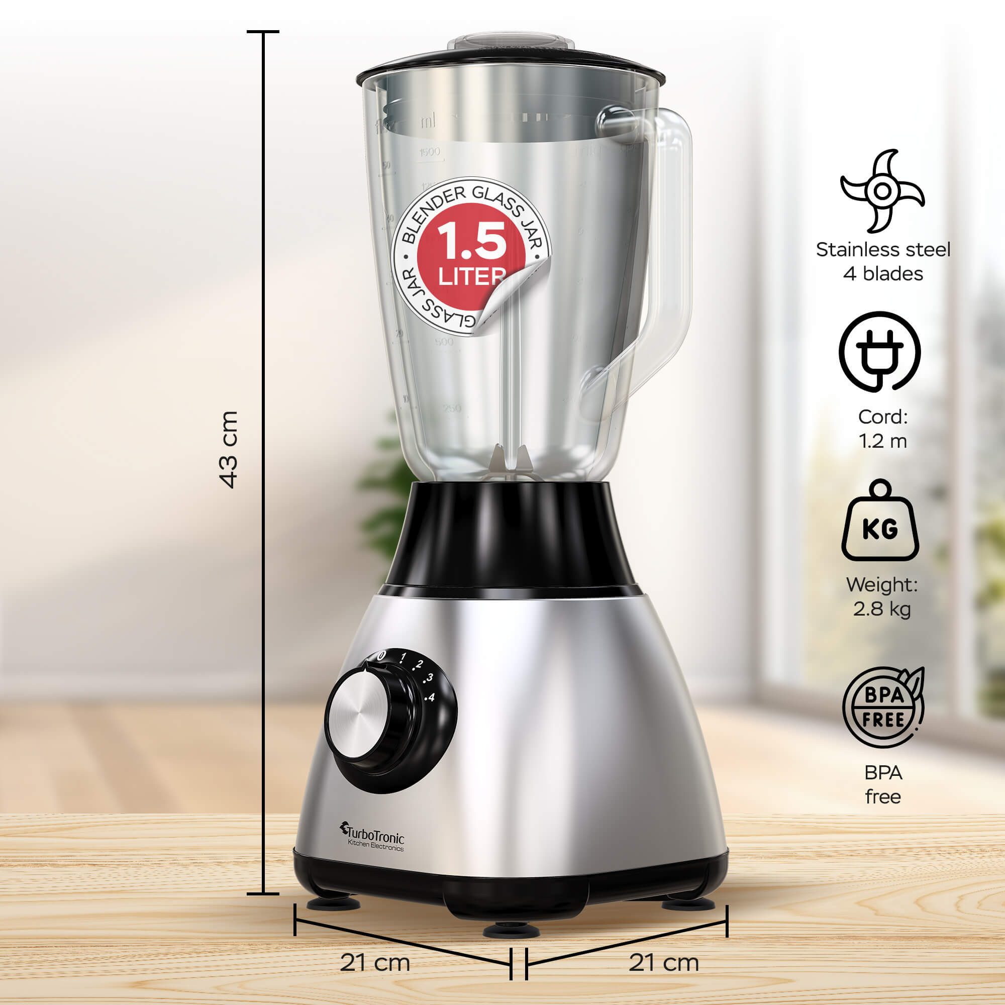 TurboTronic by Z-Line Standmixer BG5 Hochleistungsmixer 1,5L Glasbehälter, Smoothie Maker Juice 1200W, 1200 W, 4 Edelstahlklingen Milchshaker Sauce Eiscreme Pulsfunktion Ice Crusher