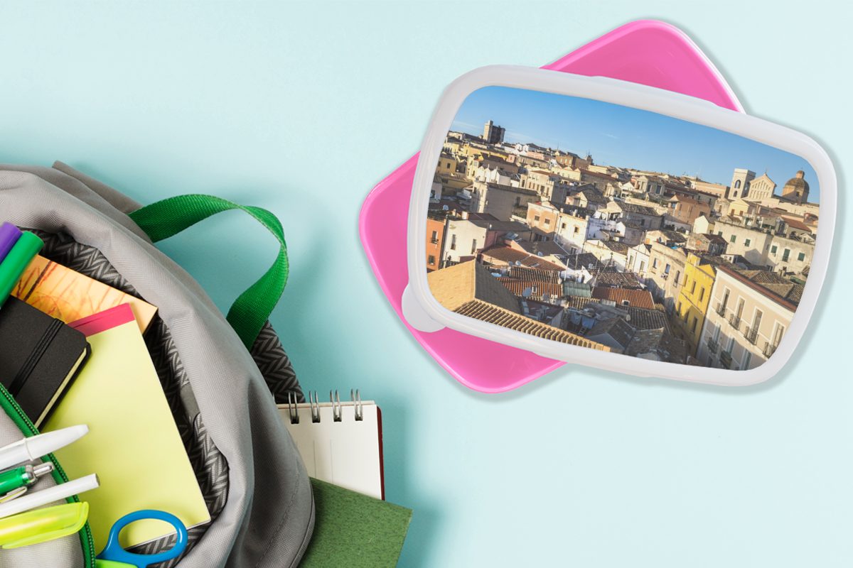 Mädchen, MuchoWow (2-tlg), Brotbox Snackbox, Kunststoff Blick auf Erwachsene, Kinder, Der Elefantenturm, rosa Brotdose Kunststoff, Lunchbox für Cagliari vom