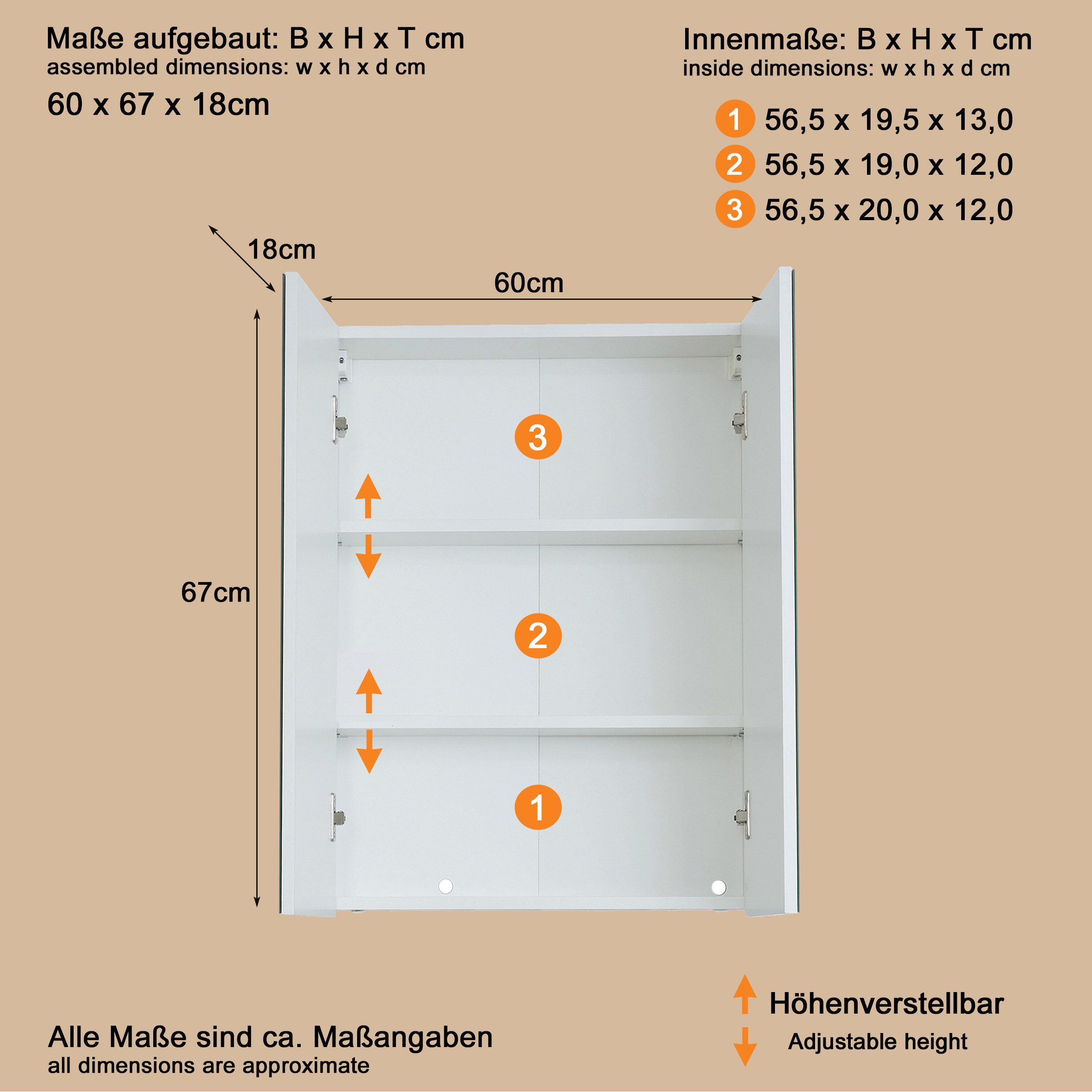 welltime Spiegelschrank Sovana Badschrank wahlweise mit oder ohne Beleuchtung - (B/T/H) 60/18/67 cm