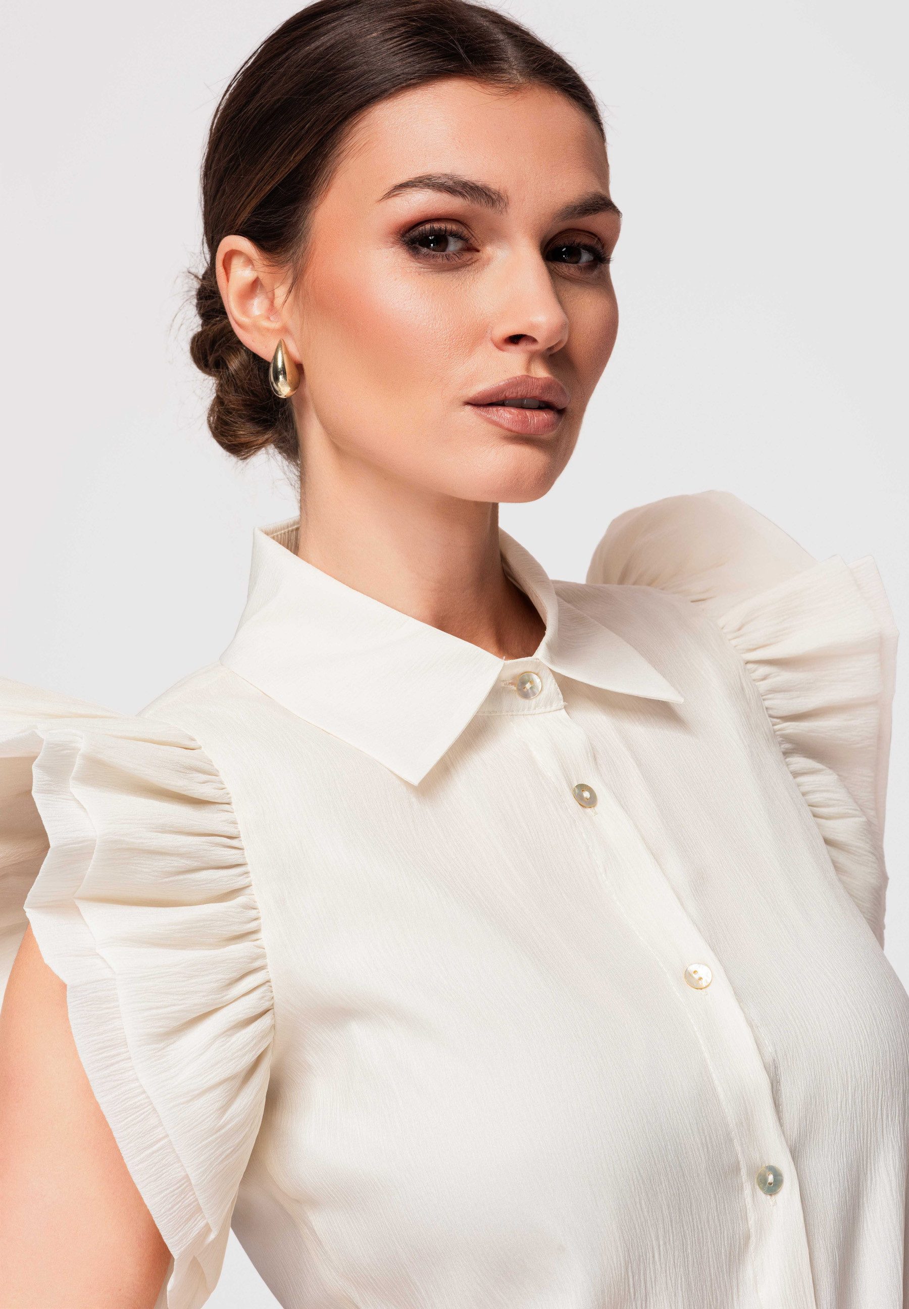 OMBRE Hemdbluse Damen Kurzarm Bluse mit Volants Elegant Ecru S (1-tlg) Volantärmel