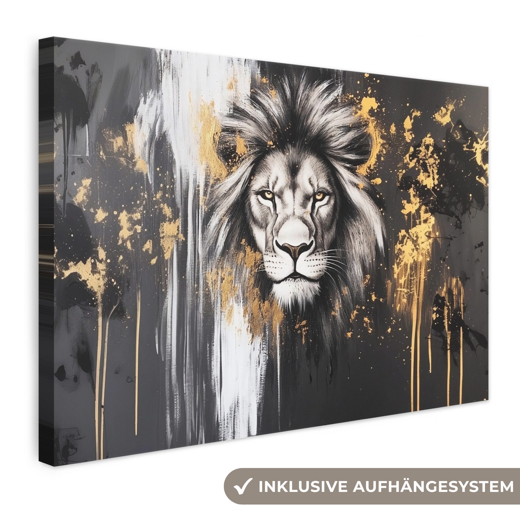 OneMillionCanvasses® Leinwandbild Löwe - Porträt - Farbkleckse - Grau, Fotodruck (1 St), Leinwand Bilder Klein, Wand Dekoration Aesthetic 30x20 cm