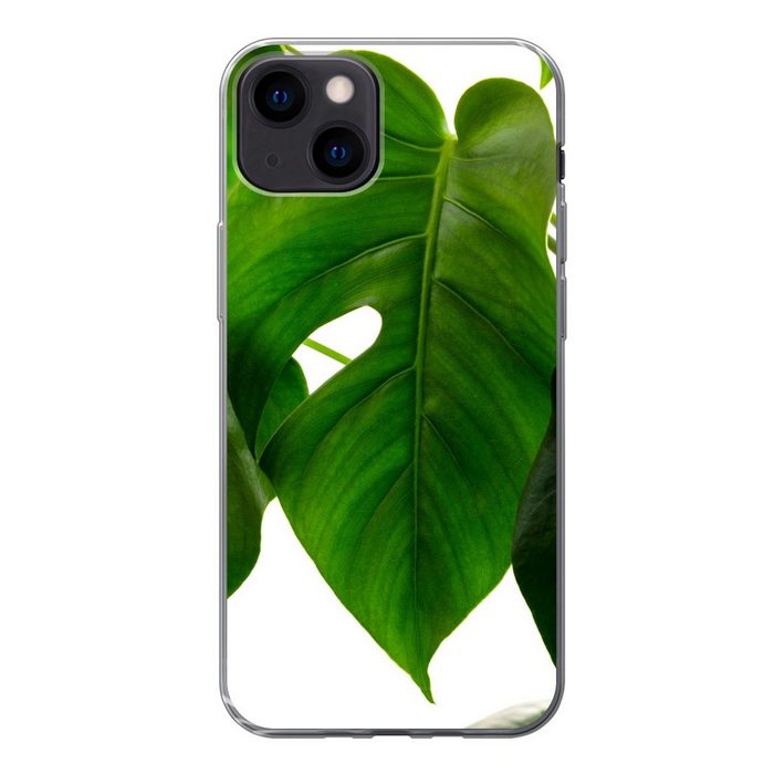 MuchoWow Handyhülle Ein grünes und botanisches Blatt auf weißem Hintergrund Handyhülle Apple iPhone 13 Smartphone-Bumper Print Handy