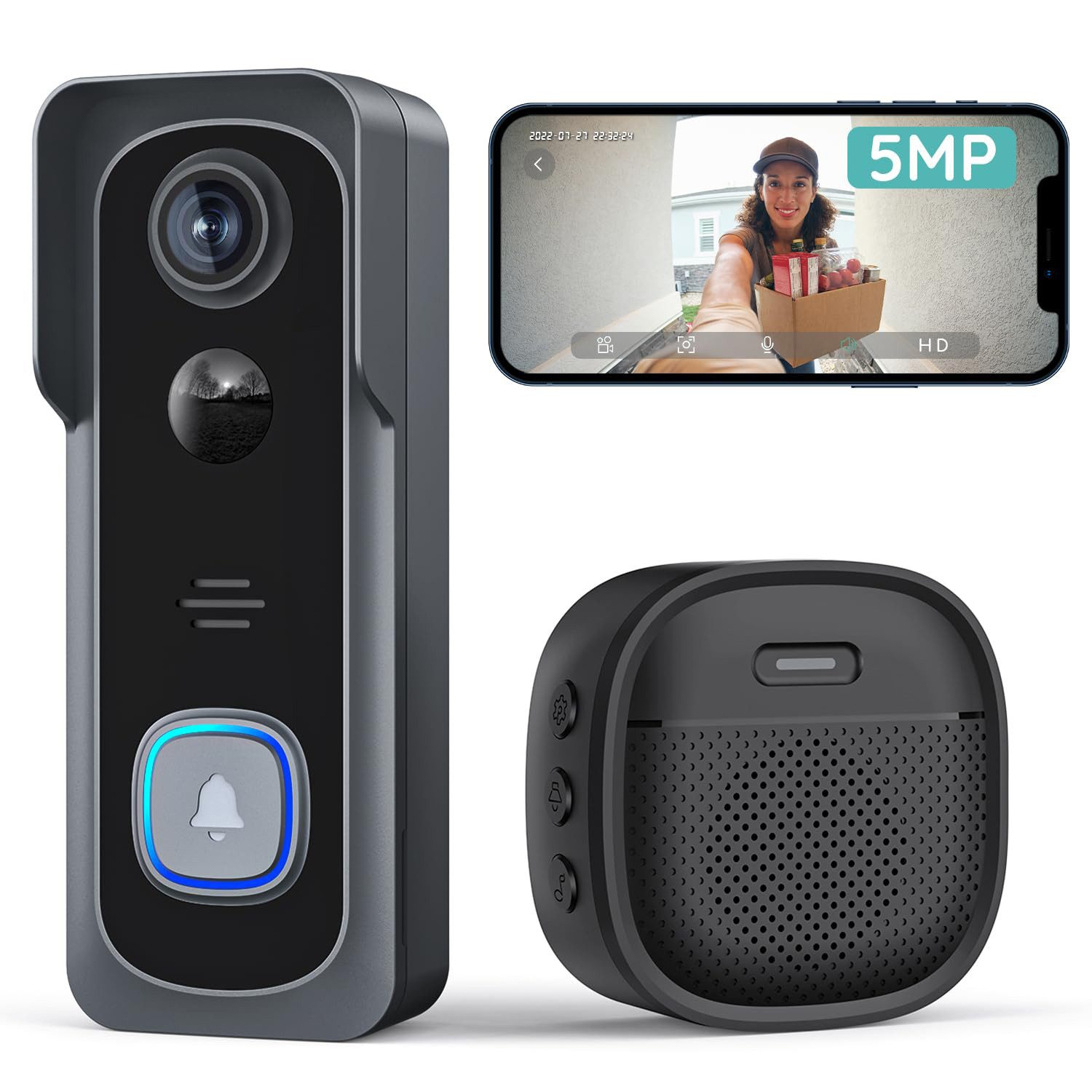TWUFY Smart Home Türklingel 5MP WLAN Video Türklingel mit Kamera, Funkklingel mit Kamera (Außenbereich, Aussen, 5200mAh Akku, Kabellose Installation, WiFi, Zwei-Wege-Audio, 1-tlg., Nachtsicht, KI-Bewegungserkennung, 166° Weitwinkel, App-Steuerung)