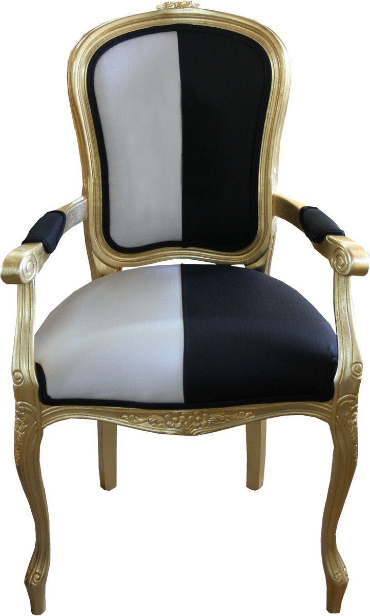 Casa Padrino Esszimmerstuhl Barock Esszimmer Stuhl mit Armlehnen Schwarz / Weiss / Gold - Designer Stuhl - Luxus Qualität
