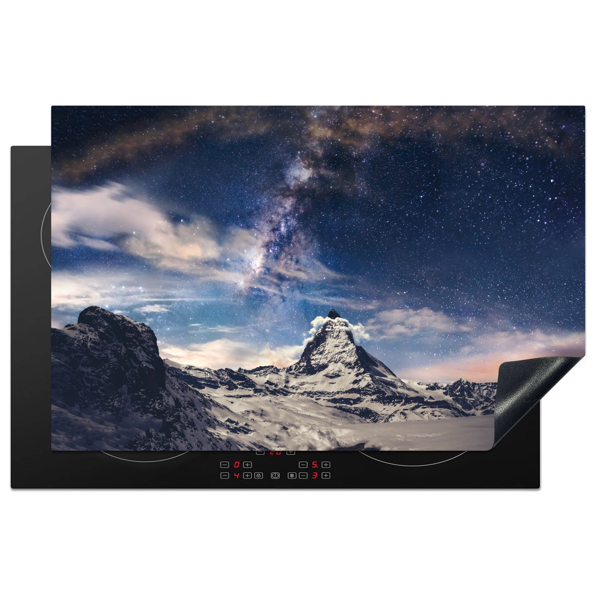 MuchoWow Herdblende-/Abdeckplatte Matterhorn und Sternenhimmel bei Zermatt Schweiz, Vinyl, (1 tlg), 81x52 cm, Induktionskochfeld Schutz für die küche, Ceranfeldabdeckung