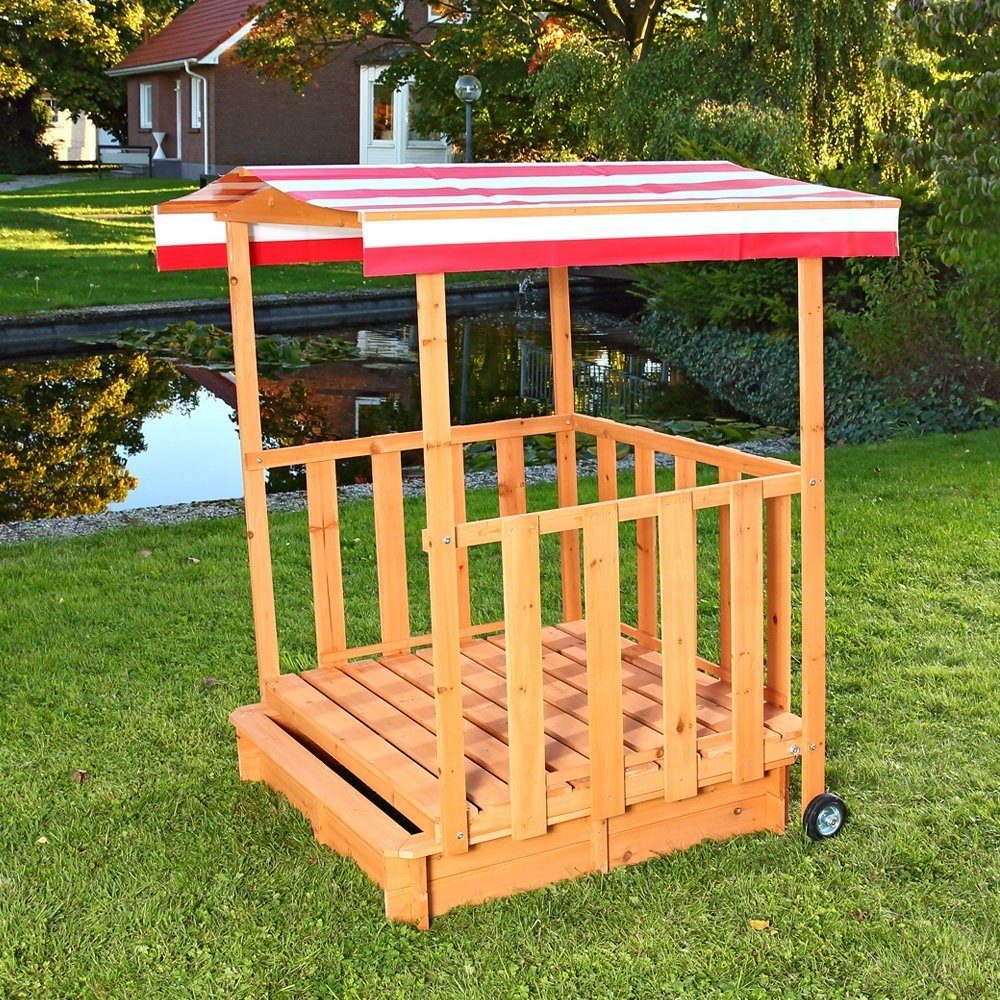 Melko Sandkasten Sandkasten Spielhaus mit Spielveranda aus Holz mit Dach in Rot oder Grün Sandbox Sandkiste Deckel, (Stück), Bereits imprägniert (biologisch unbedenklich)