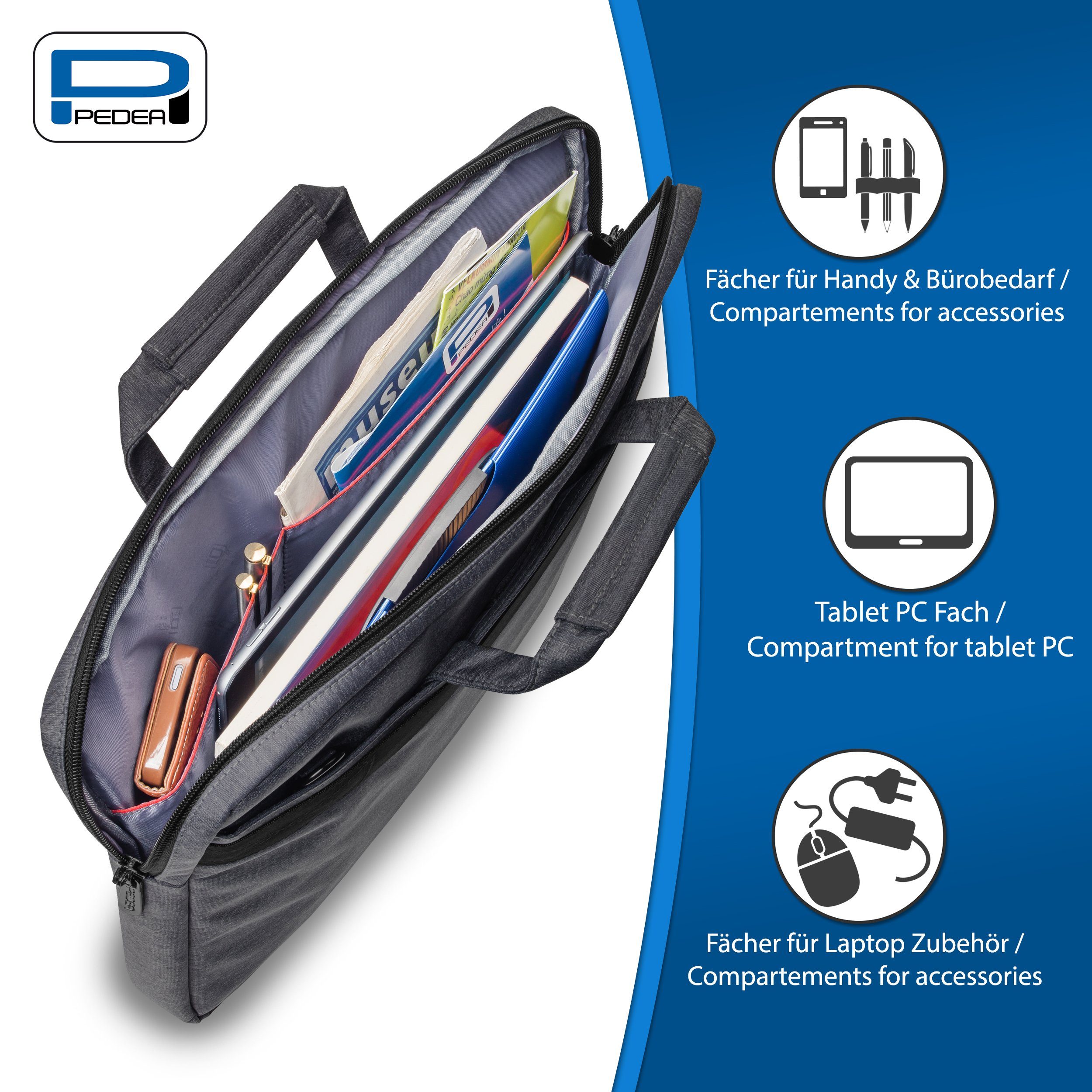 PEDEA Laptoptasche ELEGANCE Notebook Umhängetasche 15,6 / 17,3 Zoll (15,6 Zoll (39,6 cm), Umhängetasche mit einer dicken Polsterung