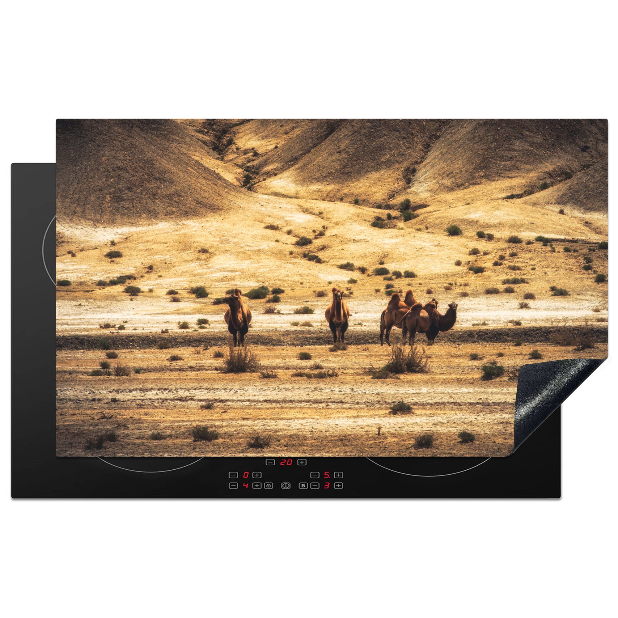 MuchoWow Herdblende-/Abdeckplatte Kamele in der Wüste Gobi, Vinyl, (1 tlg), 83x51 cm, Ceranfeldabdeckung, Arbeitsplatte für küche