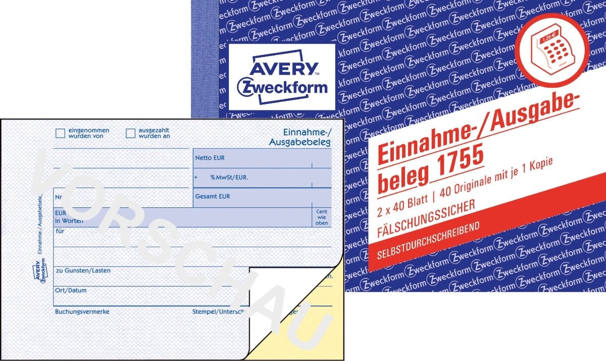 Formularblock Formularbuch Einnahme-/Ausgabebeleg A6 quer fälschungssicher 2x40 Blat