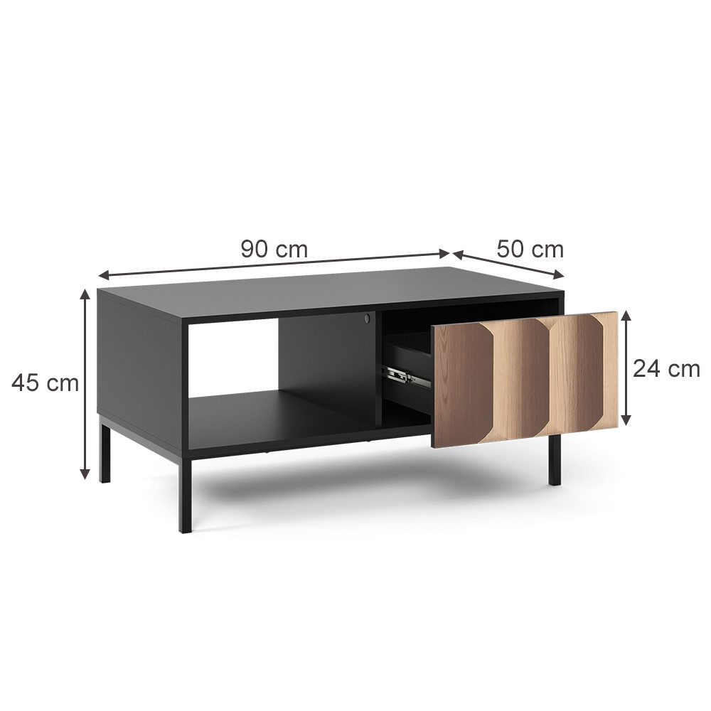 Vicco Couchtisch Eliza, Schwarz/Eiche, 90 x 50 cm mit Schublade
