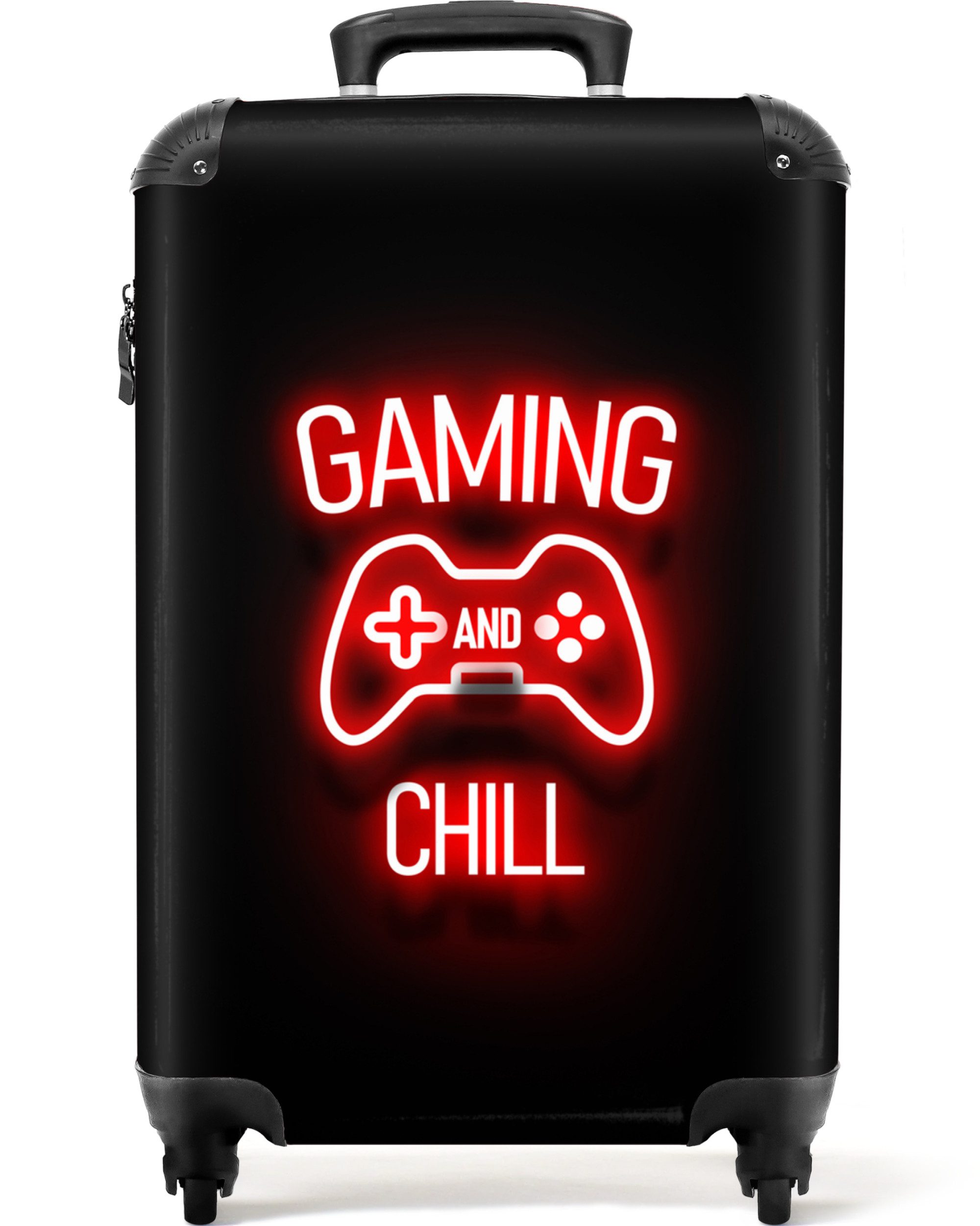 NoBoringSuitcases.com© Kinderkoffer Gaming - Zitate - Gaming und Chillen - Neon - Rot 55x35x20cm, 4 Rollen, Kinder Koffer Klein, Trolley Handgepäck, Reisekoffer