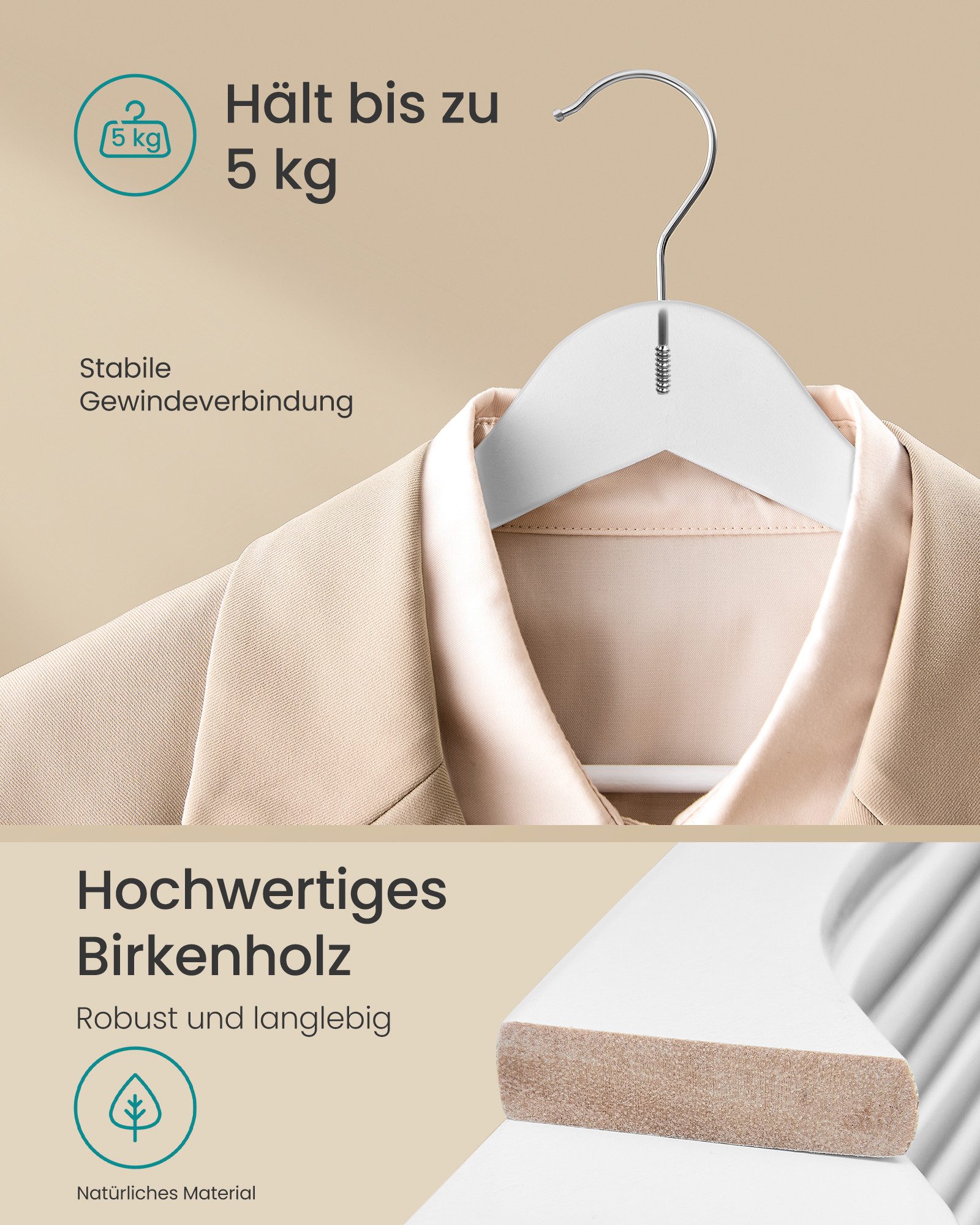 SONGMICS Kleiderbügel Holzbügel, Hosenbügel, 360° drehbarer Haken, für Träger und Jacken, (10-tlg), schlank Bügel, 0,8 cm dünn, platzsparend, Birkenholz, wolkenweiß