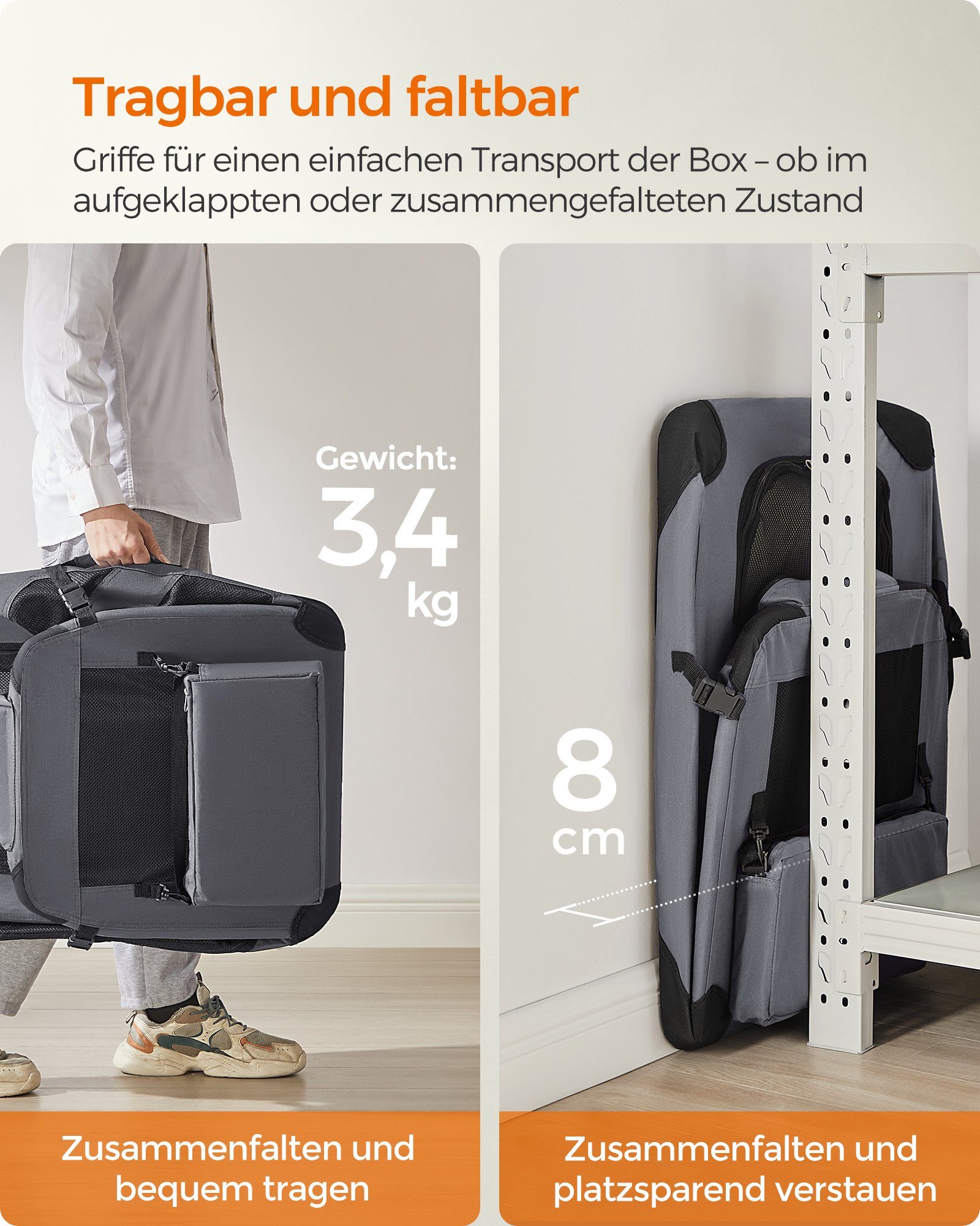FEANDREA Tiertransporttasche Hundebox faltbar, Transportbox Hund, Hundetasche, mit Griffen, Taschen bis 16,00 kg, L, Oxford-Gewebe, Netzstoff, Metallrahmen, 70 x 52 x 52 cm, grau