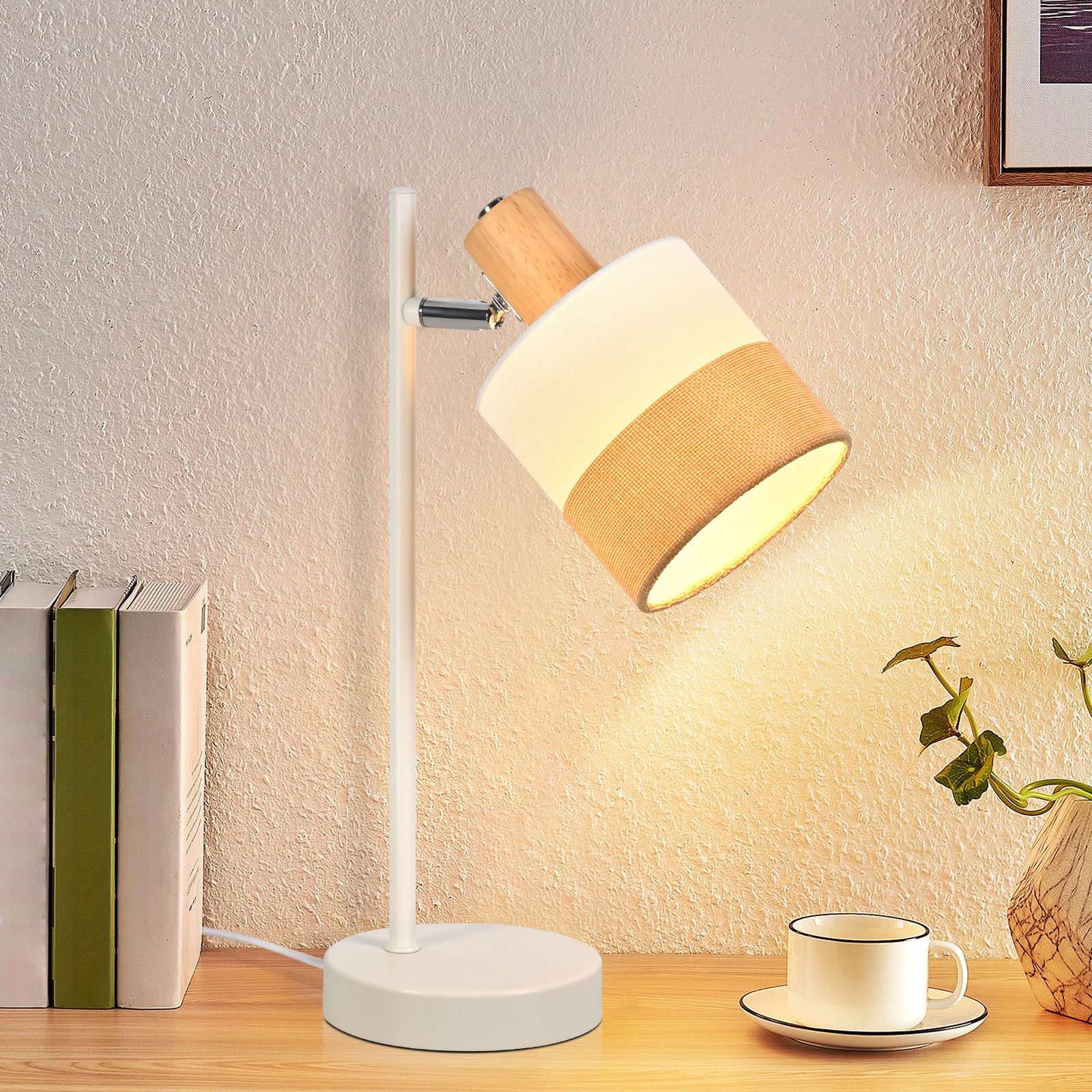 ZMH Tischleuchte E14 Stoff Vintage Weiß/Schwarz - Holz Wohnzimmer Tischlampe, ohne Leuchtmittel, verstellbare Nachttischlampe mit Stecker und Schalter