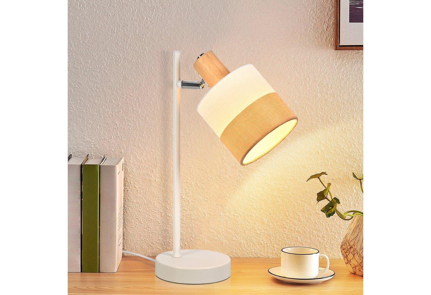 ZMH Tischleuchte E14 Stoff Vintage Weiß/Schwarz - Holz Wohnzimmer Tischlampe, ohne Leuchtmittel, verstellbare Nachttischlampe mit Stecker und Schalter