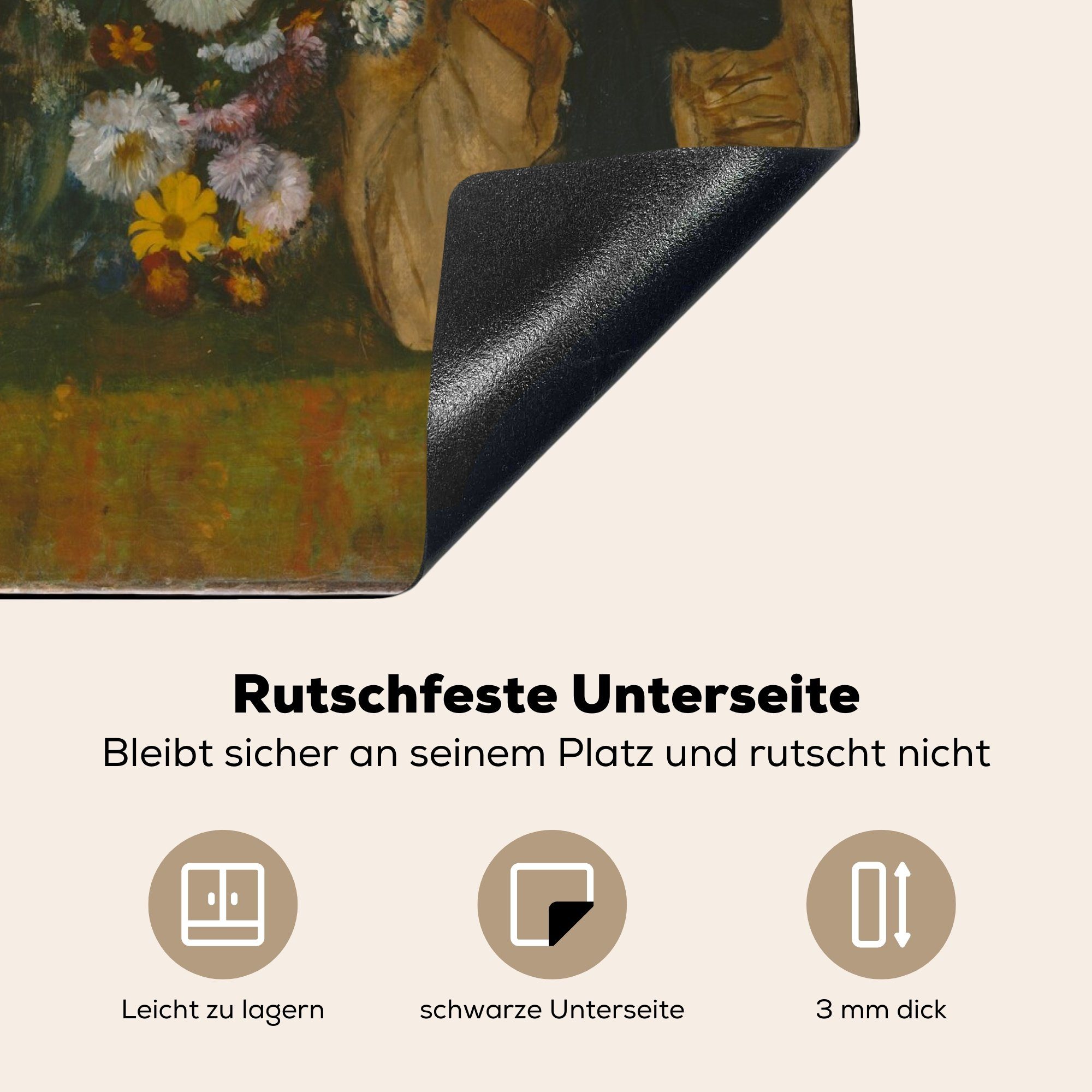 MuchoWow Herdblende-/Abdeckplatte Sitzende Frau Chrysanthemen Mobile nutzbar, einer 60x52 Arbeitsfläche von - Vase tlg), Gemälde cm, mit (1 Ceranfeldabdeckung Edgar, neben Vinyl
