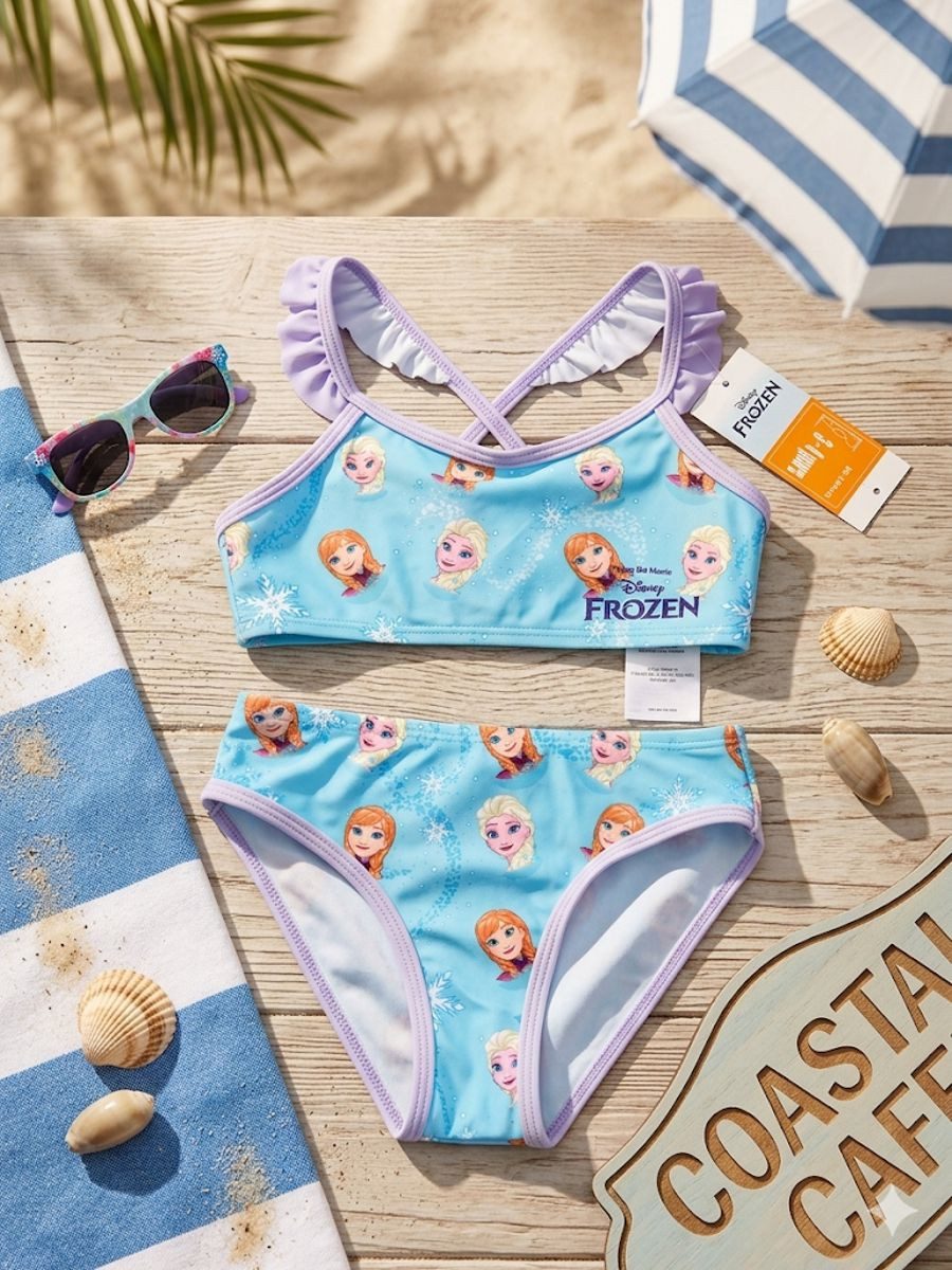 Disney Frozen Bustier-Bikini Frozen Mädchen Bikini Set – Zweiteiliger Badeanzug Lila/Blau Kinder 2 teiliger Mädchen Badeanzug
